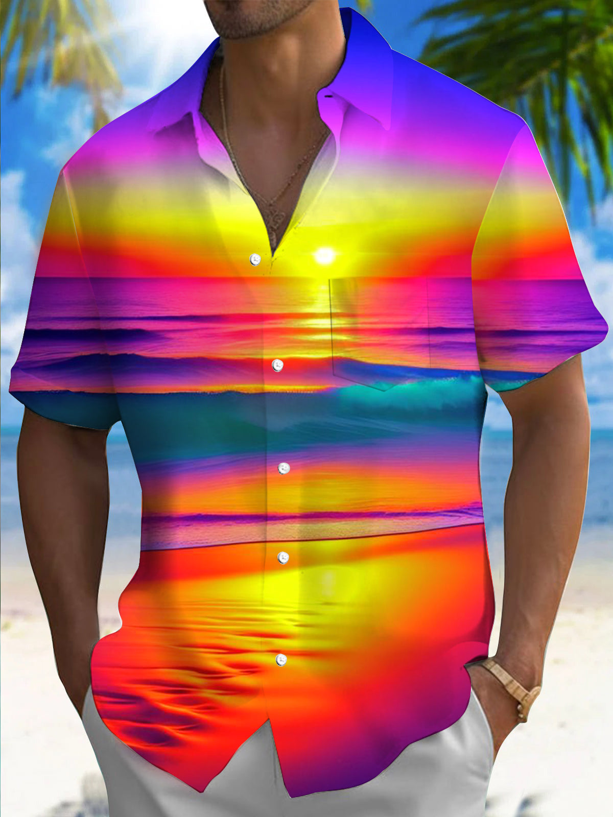 Adaychic Men's Hawaiian Tropical Sunset Ocean Gradient Print Short Sleeve Button Down Shirt with Chest Pocket