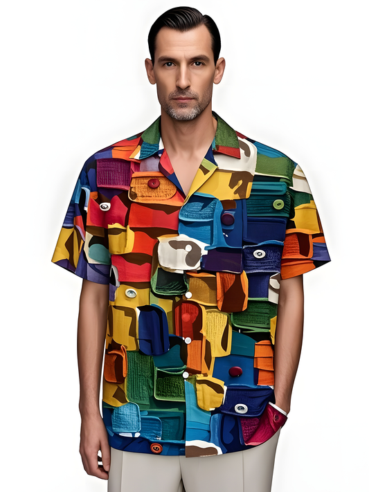 Color Block Print Men's Pocket Short Sleeve Shirts