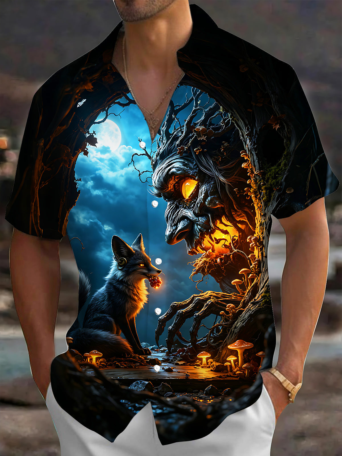 Adaychic Men's Graphic Ancient Tree Spirit And Fox Print Short Sleeve Shirt with Chest Pocket