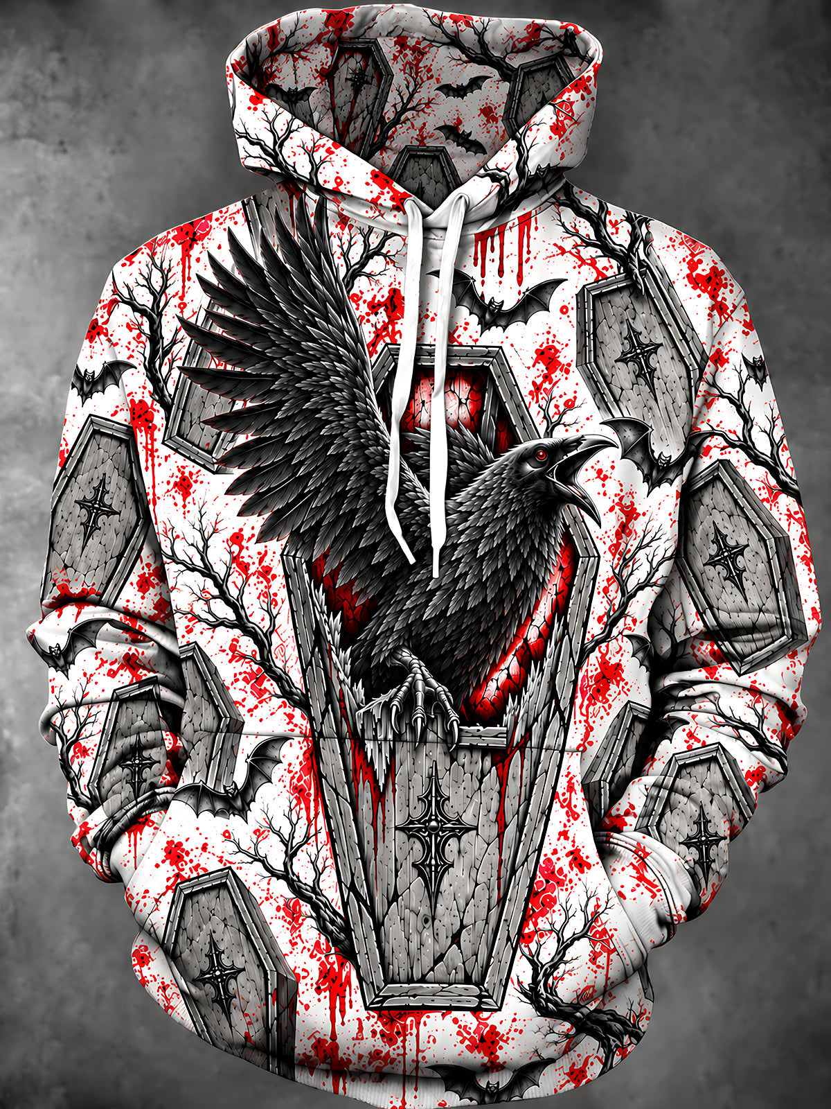 Adaychic Men's Graphic Halloween Crow And Coffins Print Long Sleeve Hoodie
