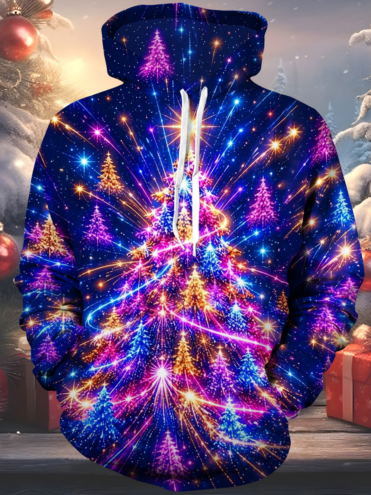 Adaychic Men's Neon Christmas Trees And Starbursts Print Long Sleeve Hoodie