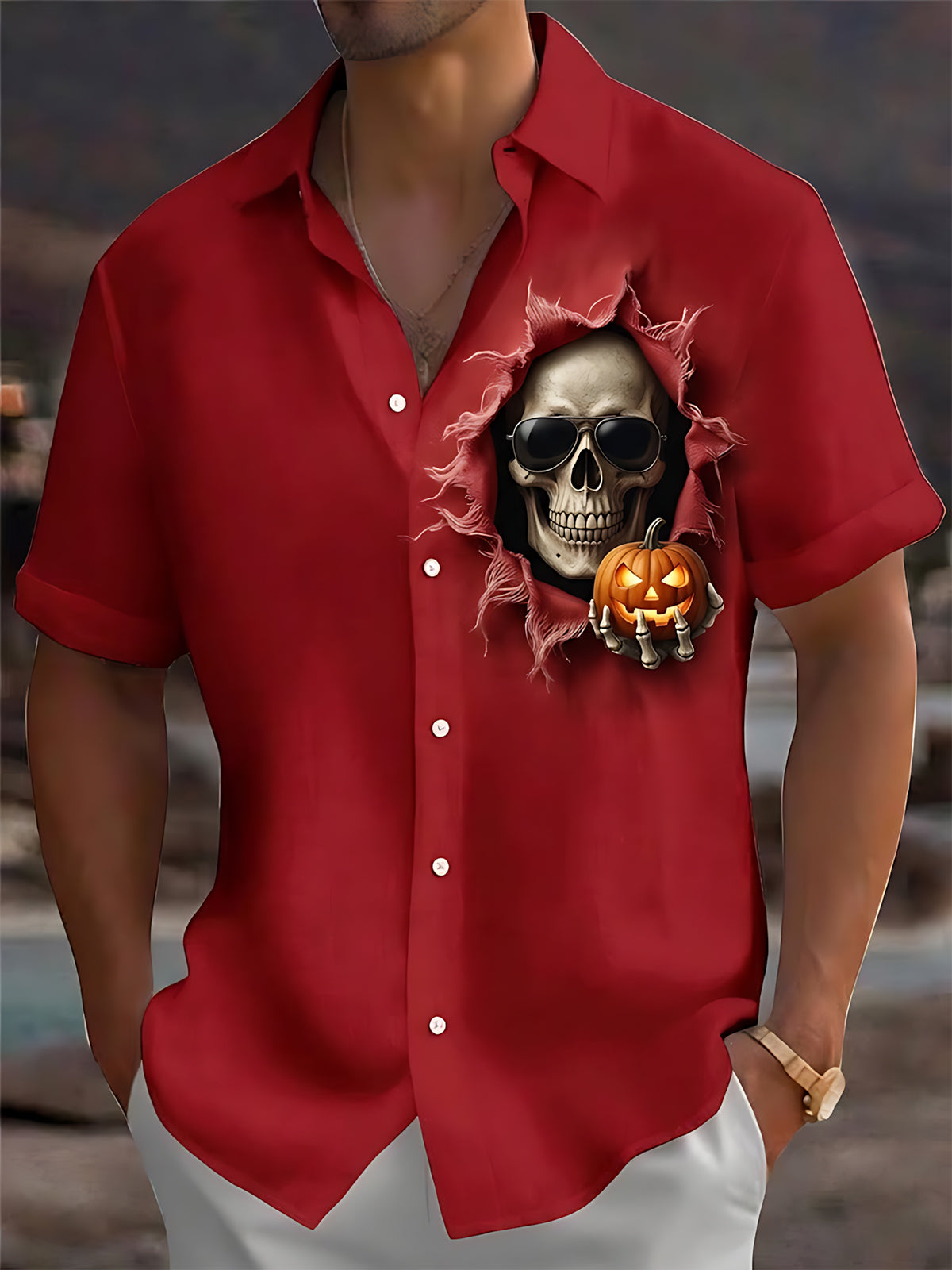 Adaychic Men's Short Sleeve Shirt - Halloween Skull With Sunglasses And Skeleton Hand Holding Jack-o-lantern Print with Chest Pocket