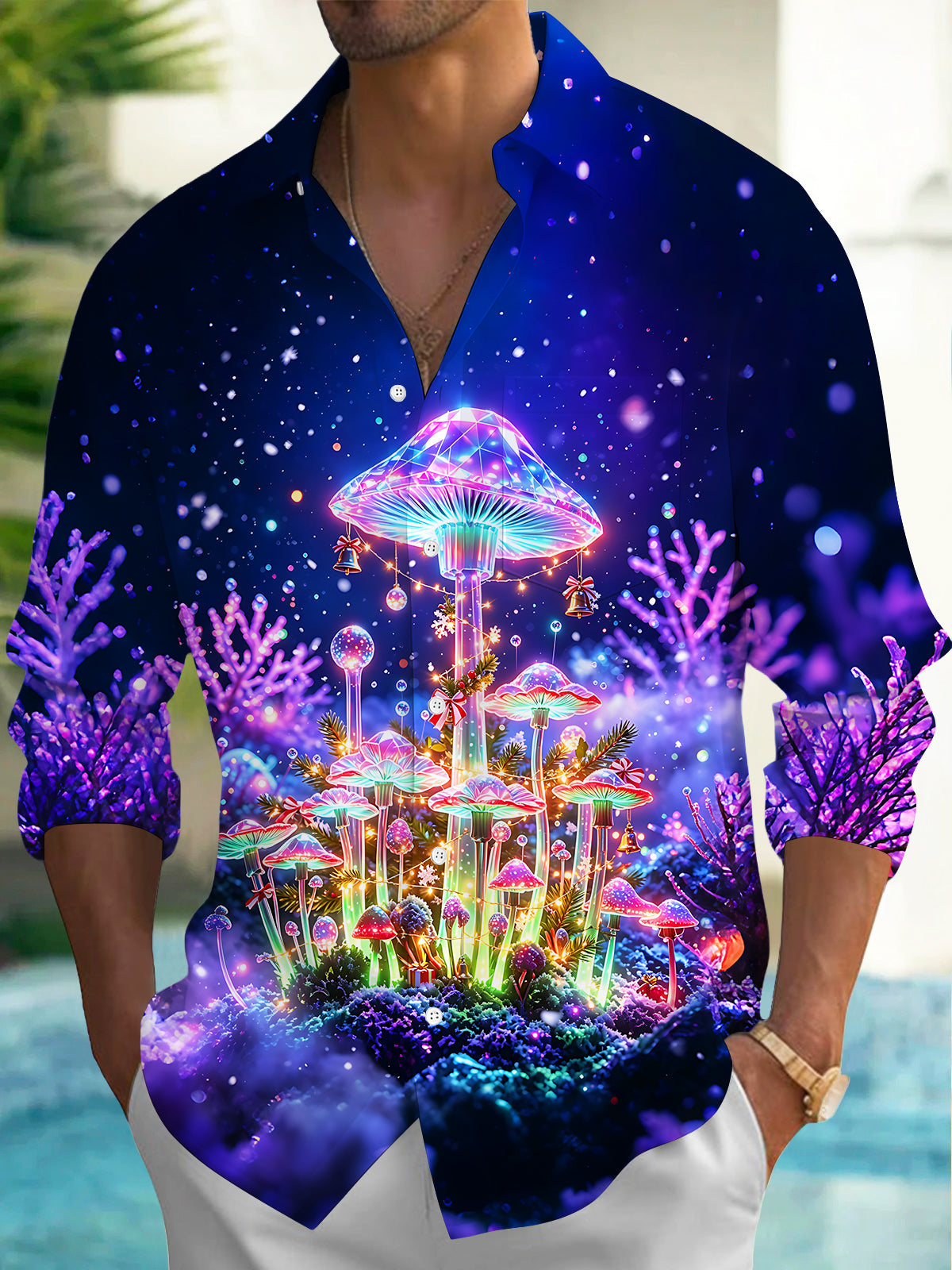 Adaychic Men's Long Sleeve Shirt - Christmas Neon Glowing Mushrooms And Winter Forest Print with Chest Pocket