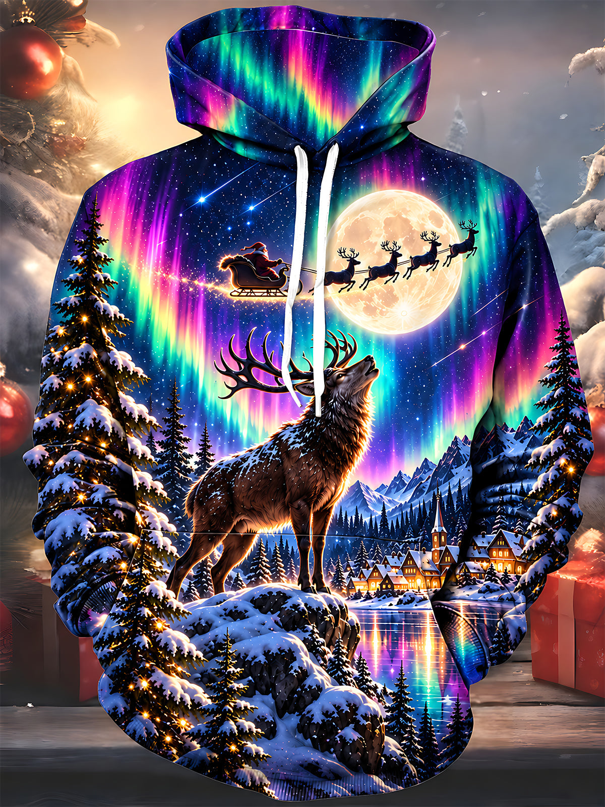 Adaychic Men's Graphic Deer And Santa Sleigh Print Long Sleeve Hoodie