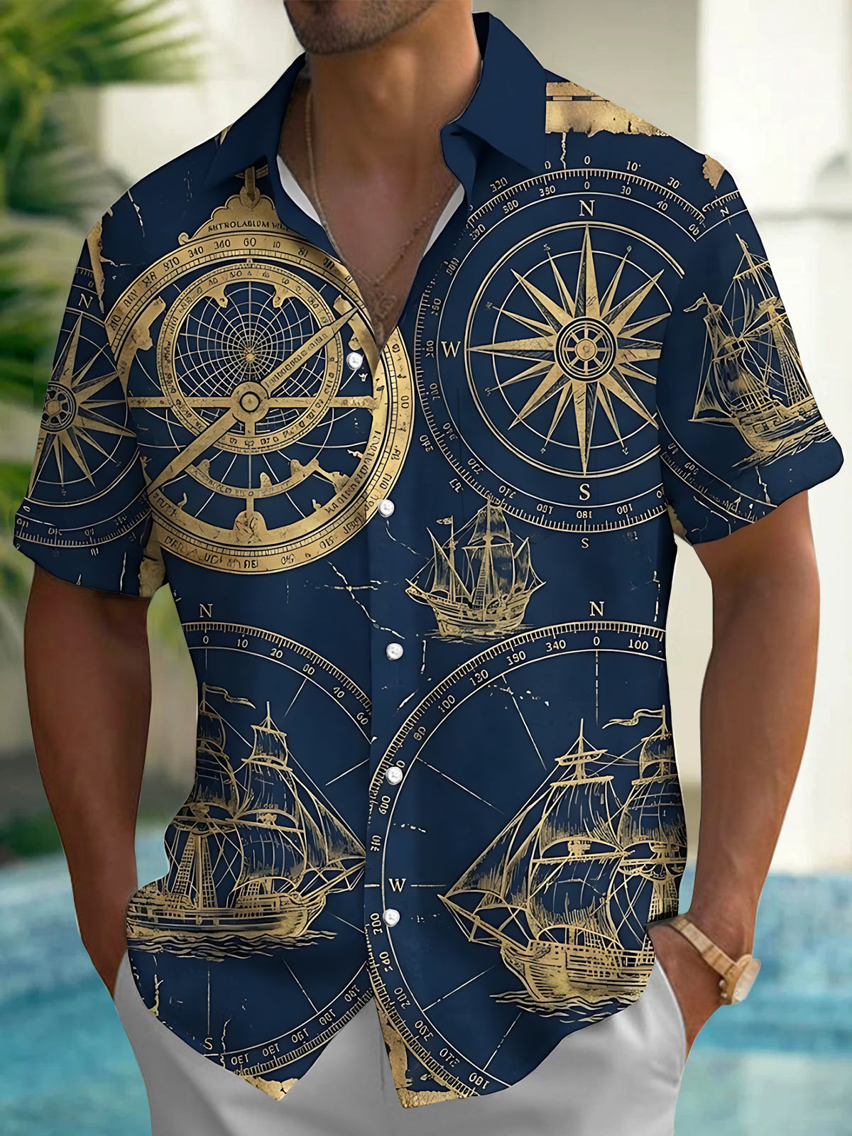 Adaychic Men's Hawaiian Vintage Compass Rose Print Short Sleeve Shirt with Chest Pocket