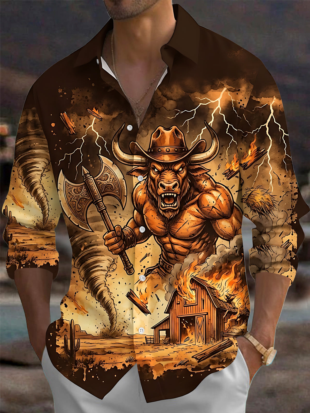 Adaychic Men's Graphic Western Bull Warrior Print Long Sleeve Shirt with Chest Pocket