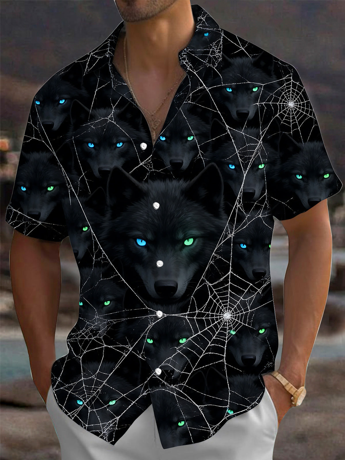 Adaychic Men's Short Sleeve Shirt - Halloween Black Wolf Faces And Spider Webs Print with Chest Pocket