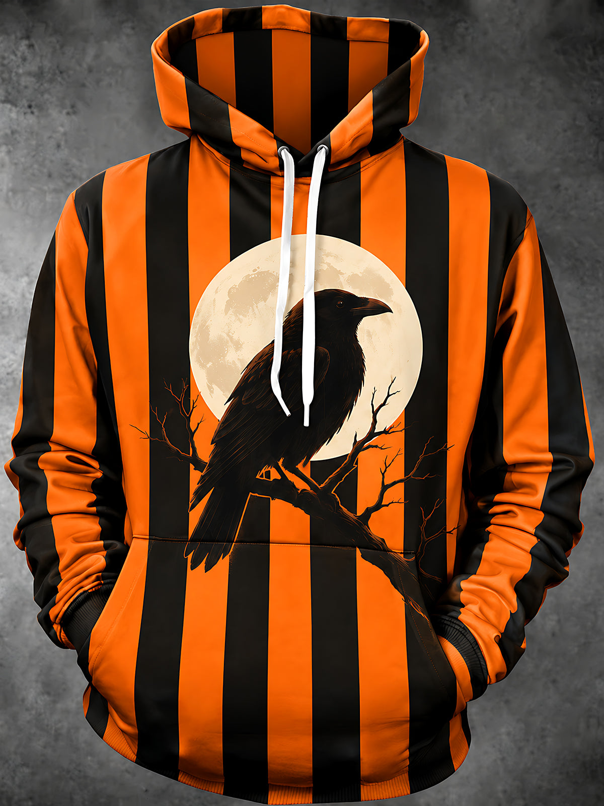 Adaychic Men's Halloween Crow On Branch With Full Moon Print Long Sleeve Hoodie
