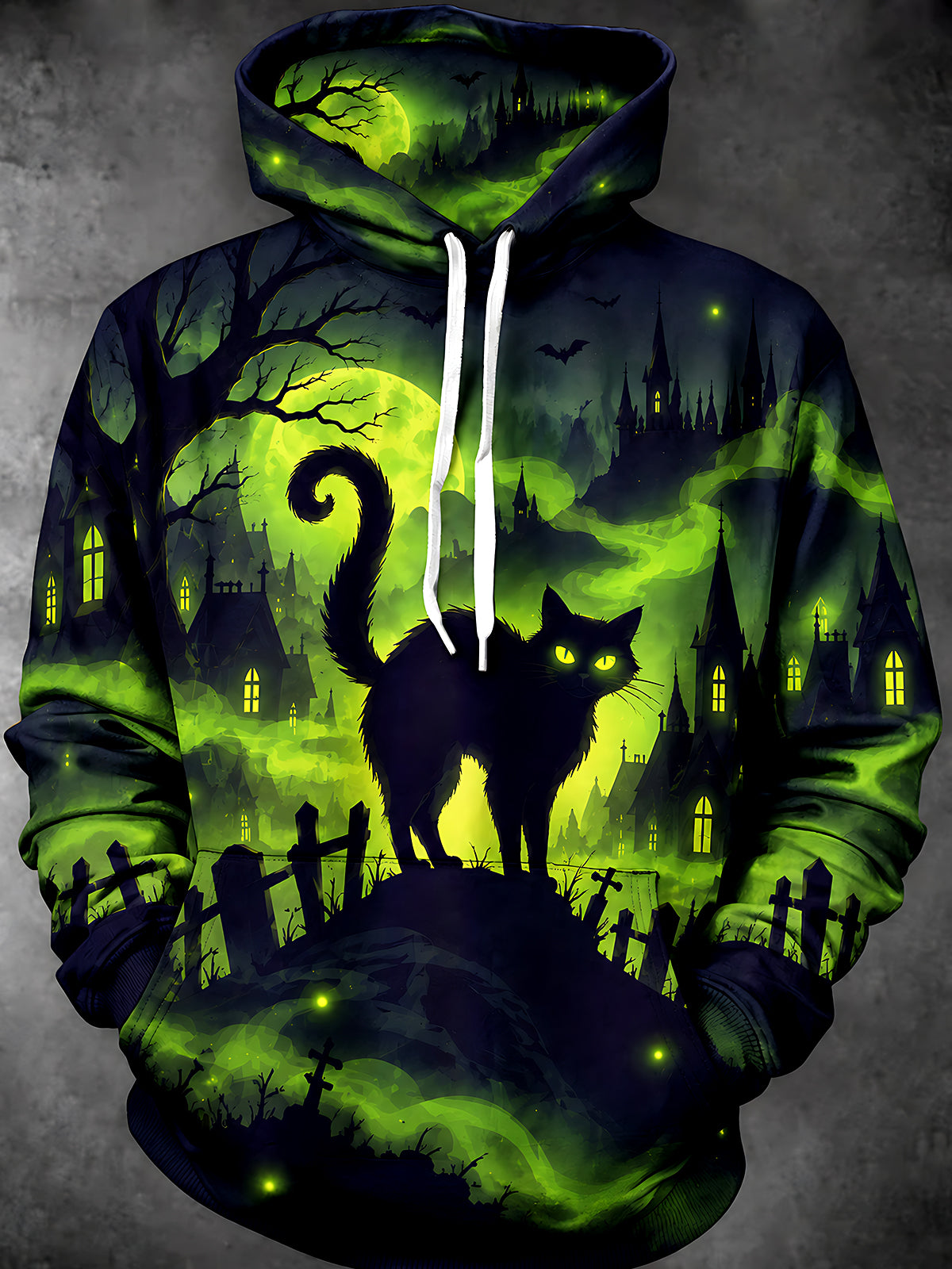 Adaychic Men's Long Sleeve Hoodie - Halloween Black Cat In Graveyard With Haunted Castle Print