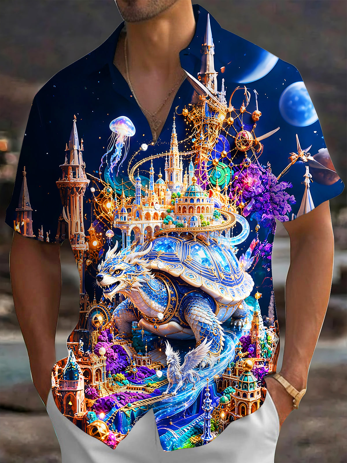 Adaychic Men's Fantasy Turtle And Floating Castle Print Short Sleeve Shirt with Chest Pocket
