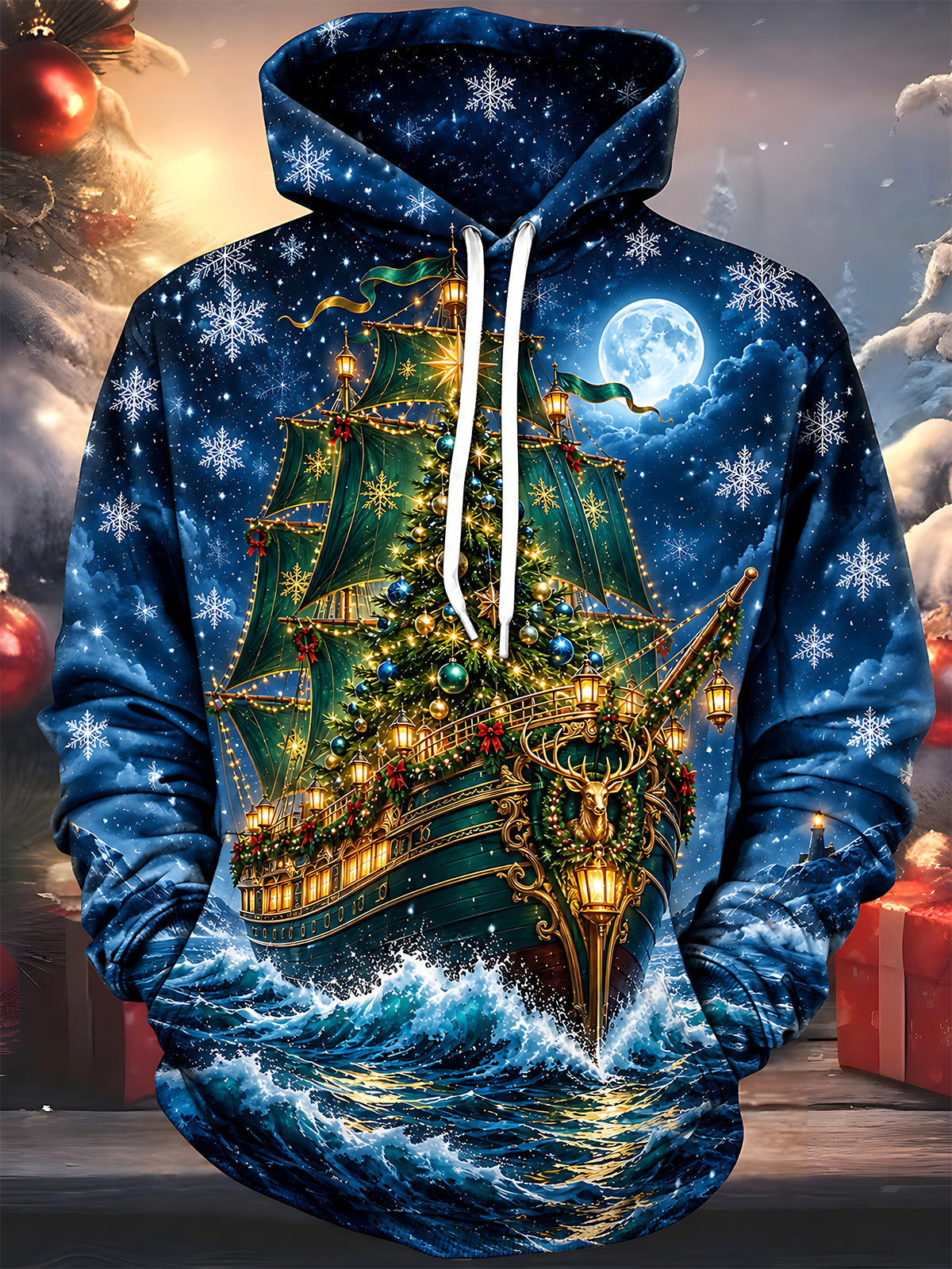Adaychic Men's Long Sleeve Hoodie - Christmas Tree Ship With Reindeer And Ornaments Print
