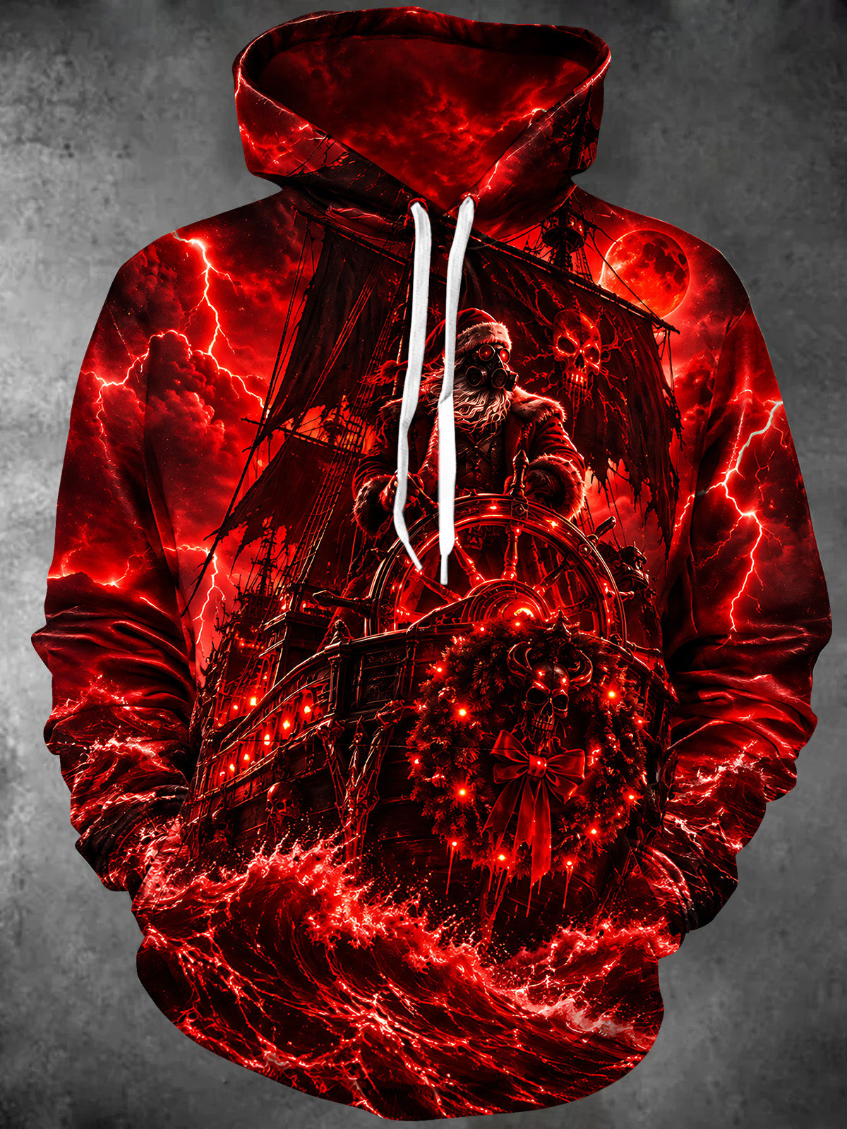 Adaychic Men's Long Sleeve Hoodie - Pirate Santa Claus And Skull Wreath On A Ship Print