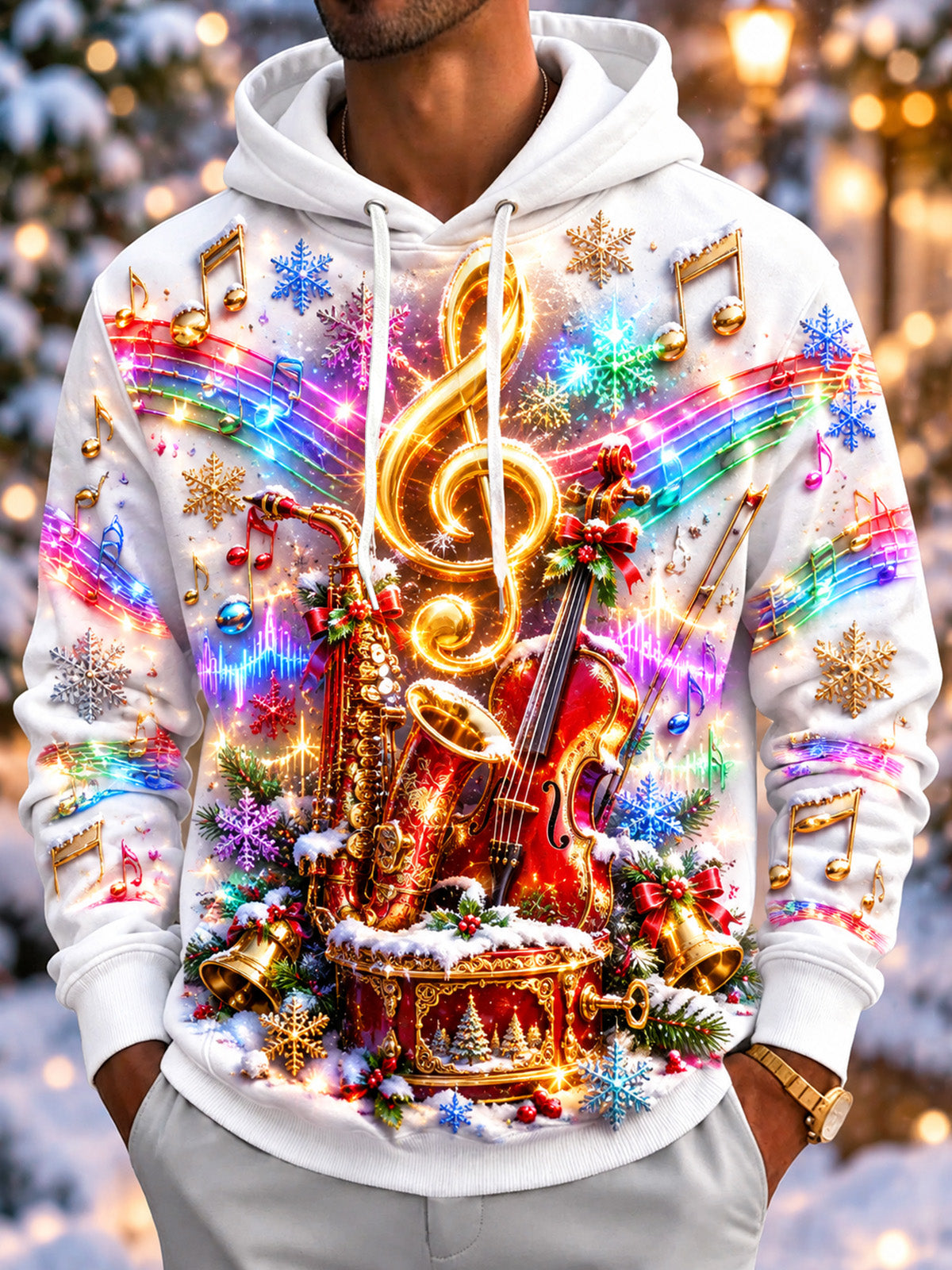 Adaychic Men's Long Sleeve Hoodie - Musical Instruments And Christmas Elements Print
