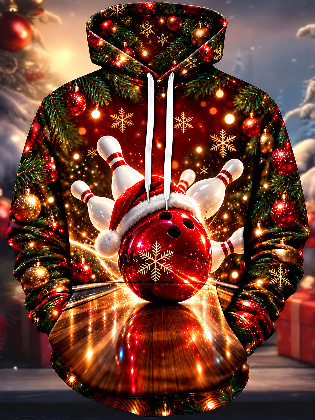 Adaychic Men's Long Sleeve Hoodie - Christmas Bowling Ball And Pins With Santa Hat Print