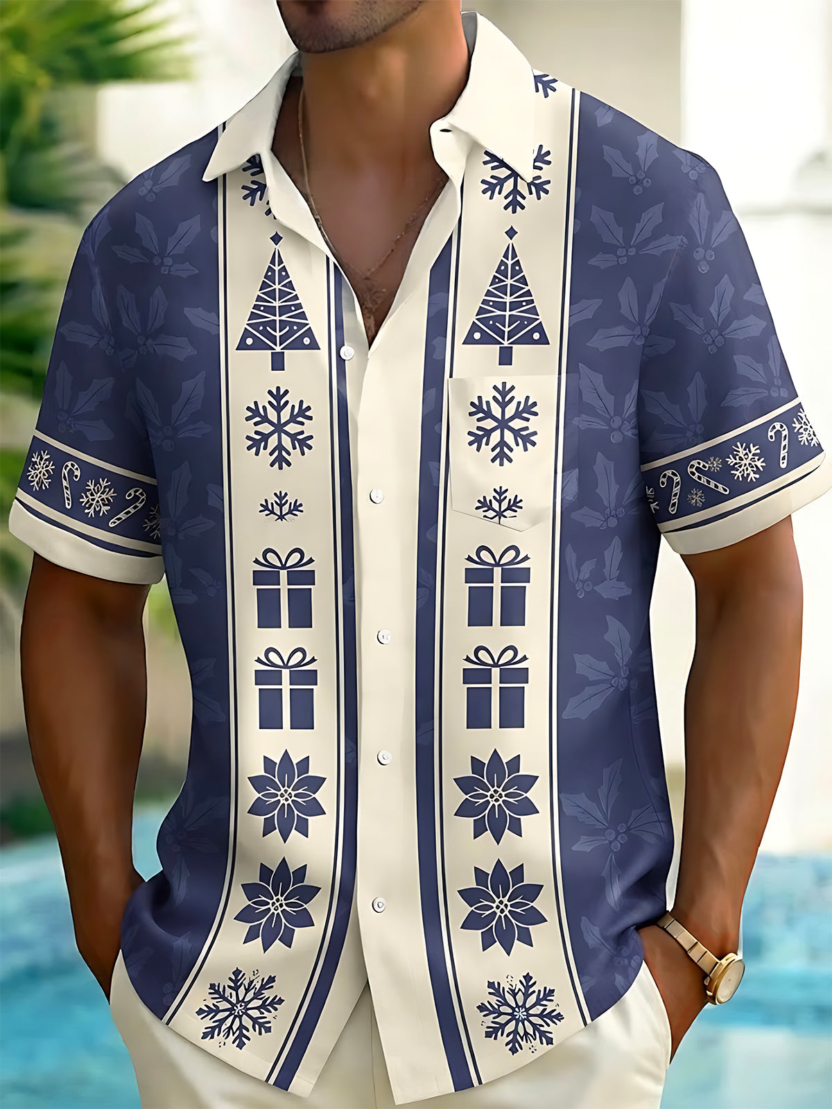 Adaychic Men's Short Sleeve Shirt - Christmas Trees Snowflakes Gift Boxes And Poinsettias Print with Chest Pocket