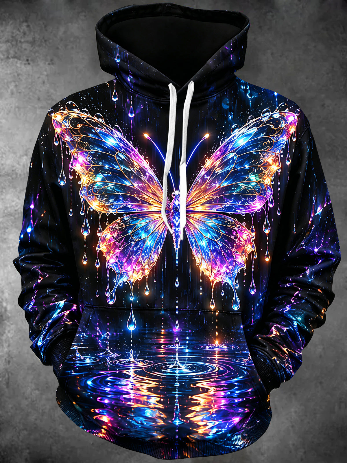 Adaychic Men's Graphic Neon Butterfly And Waterdrops Print Long Sleeve Hoodie
