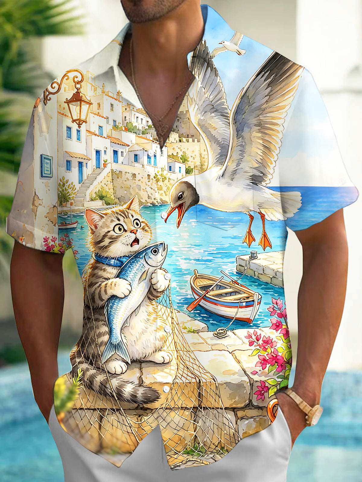 Adaychic Men's Hawaiian Cat Holding Fish And Seagull Print Short Sleeve Shirt with Chest Pocket
