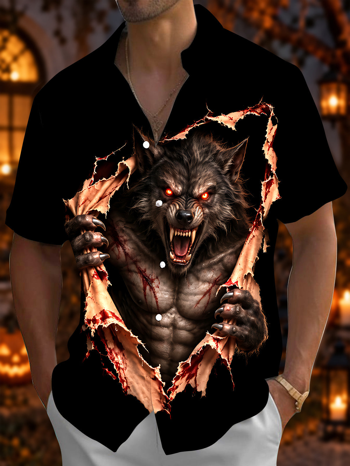 Adaychic Men's Short Sleeve Shirt - Halloween Werewolf Bursting Through Shirt Print with Chest Pocket