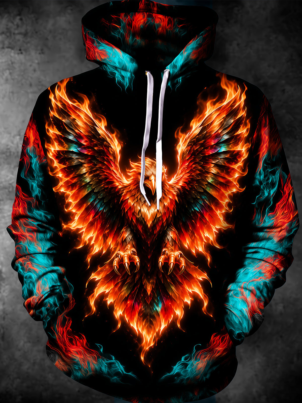Adaychic Men's Graphic Fire Eagle With Wings Print Long Sleeve Hoodie