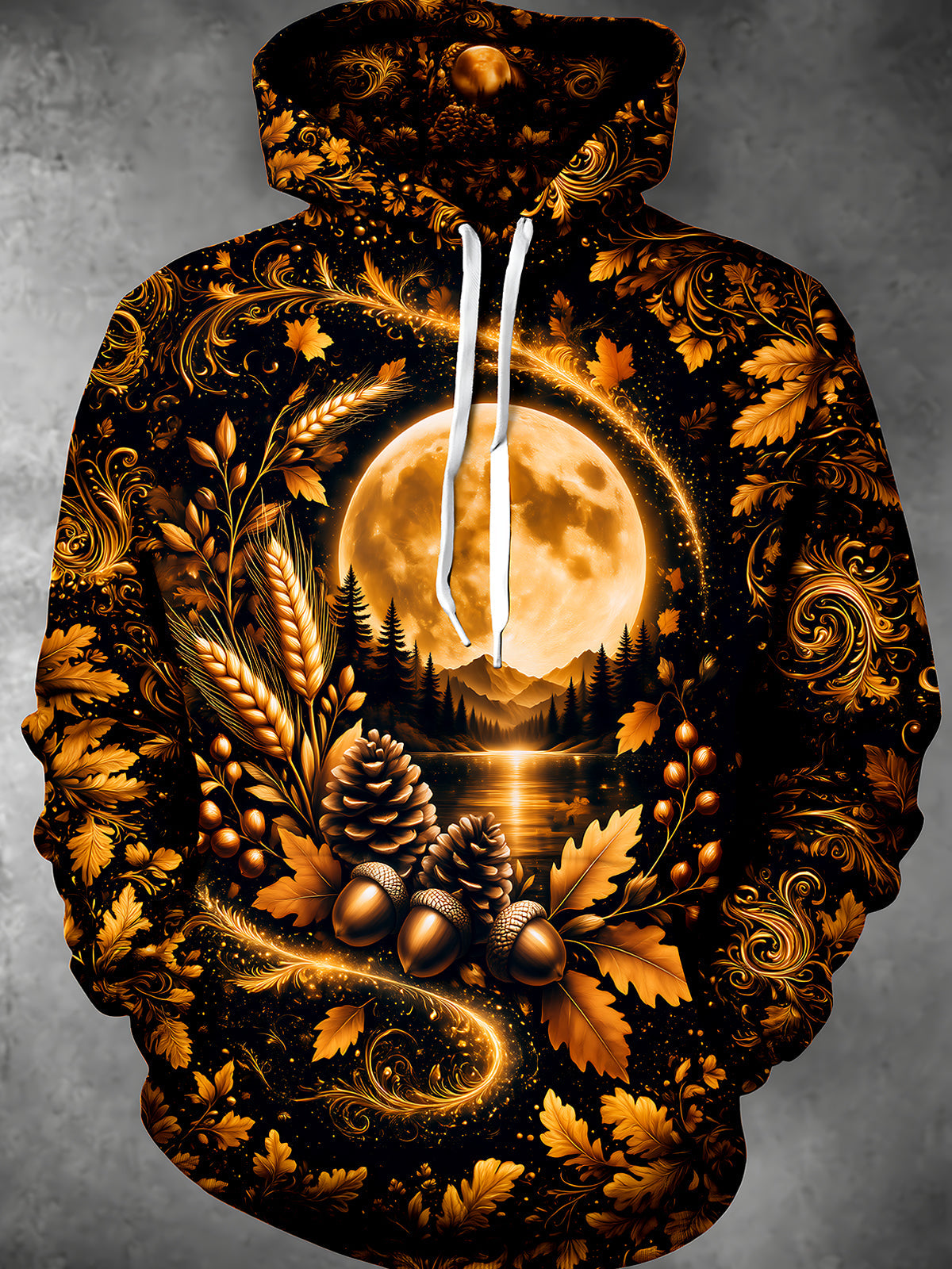 Adaychic Men's Long Sleeve Hoodie - Autumn Forest Landscape With Moon And Pine Cones Print