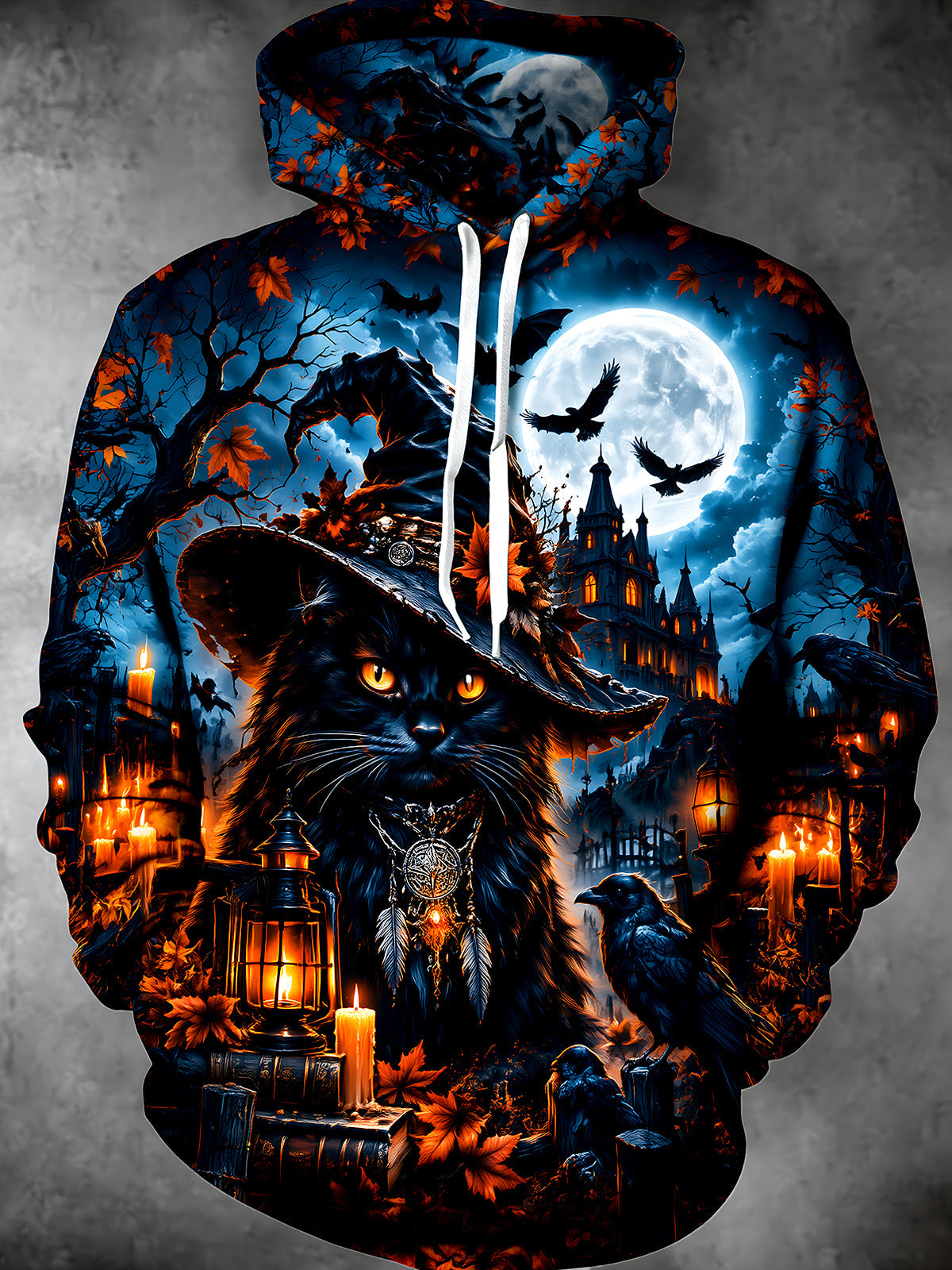 Adaychic Men's Long Sleeve Hoodie - Halloween Black Cat Witch And Gothic Castle Print