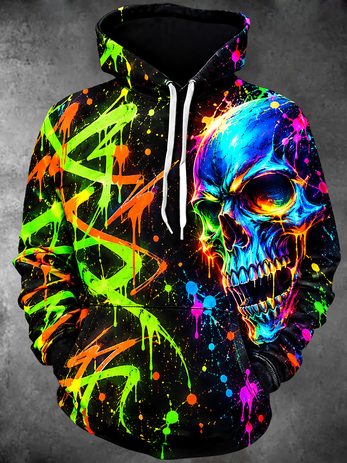 Adaychic Men's Graphic Neon Skull Print Long Sleeve Hoodie