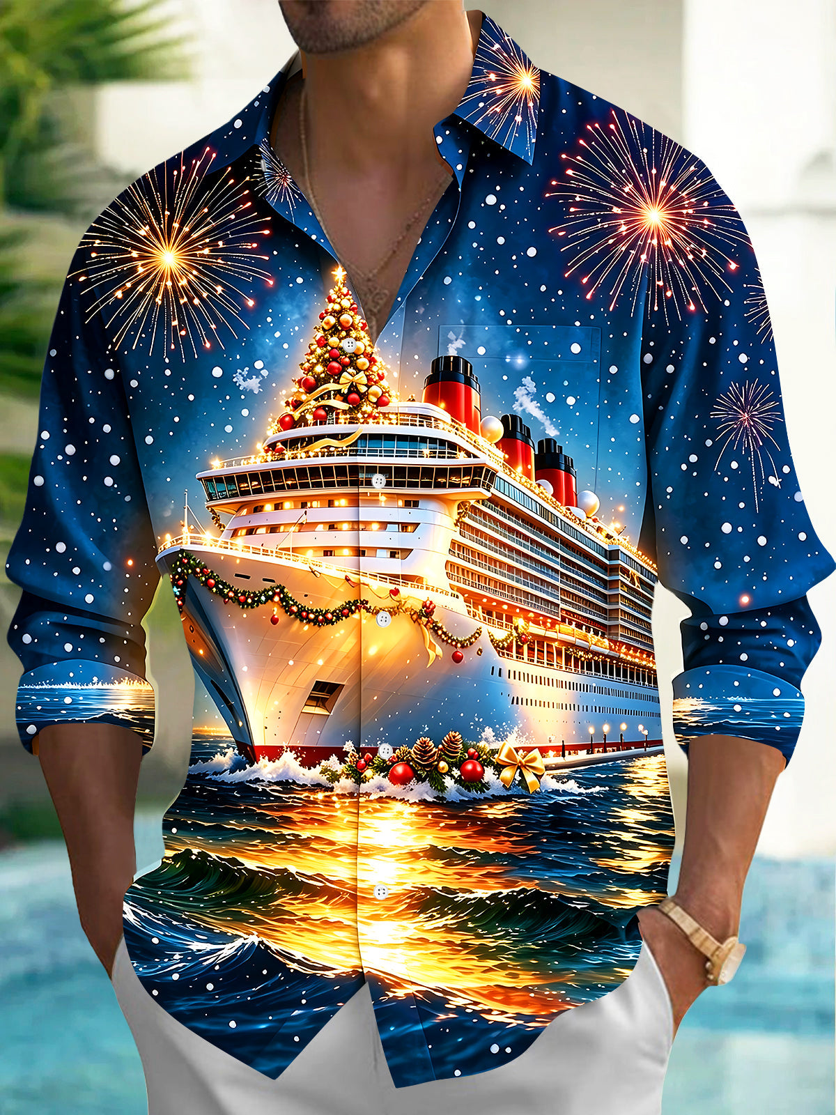Adaychic Men's Graphic Christmas Cruise Ship Print Long Sleeve Shirt with Chest Pocket