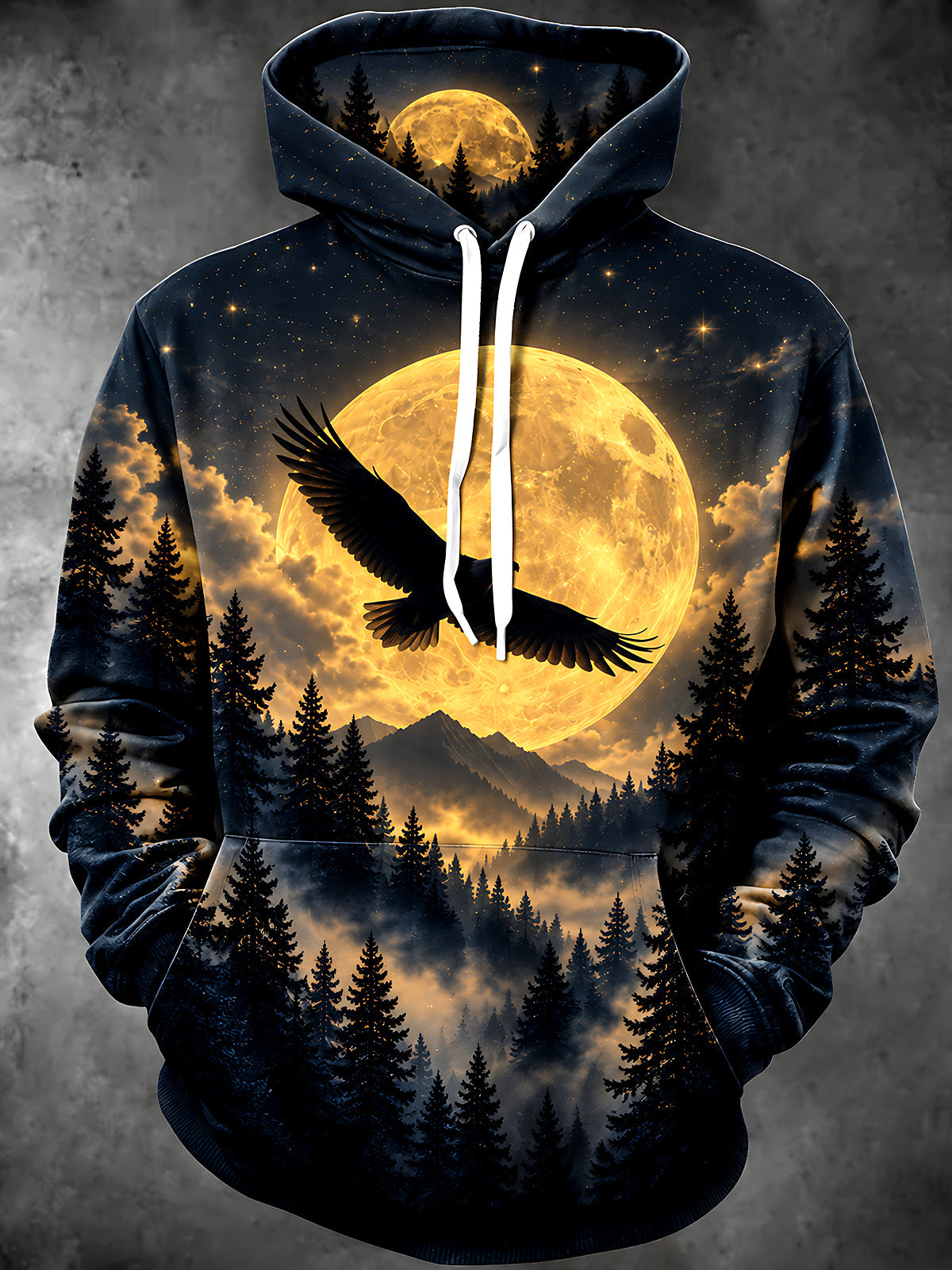 Adaychic Men's Long Sleeve Hoodie - Eagle Flying Over Full Moon And Pine Forest Print