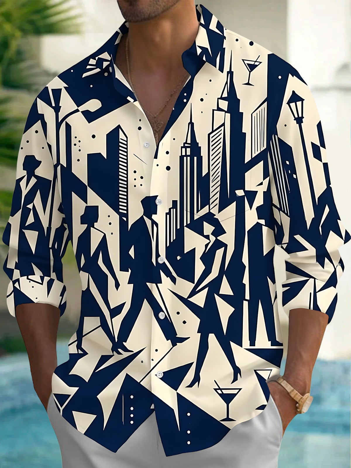 Adaychic Men's Printed Geometric City Skyline Print Long Sleeve Shirt with Chest Pocket