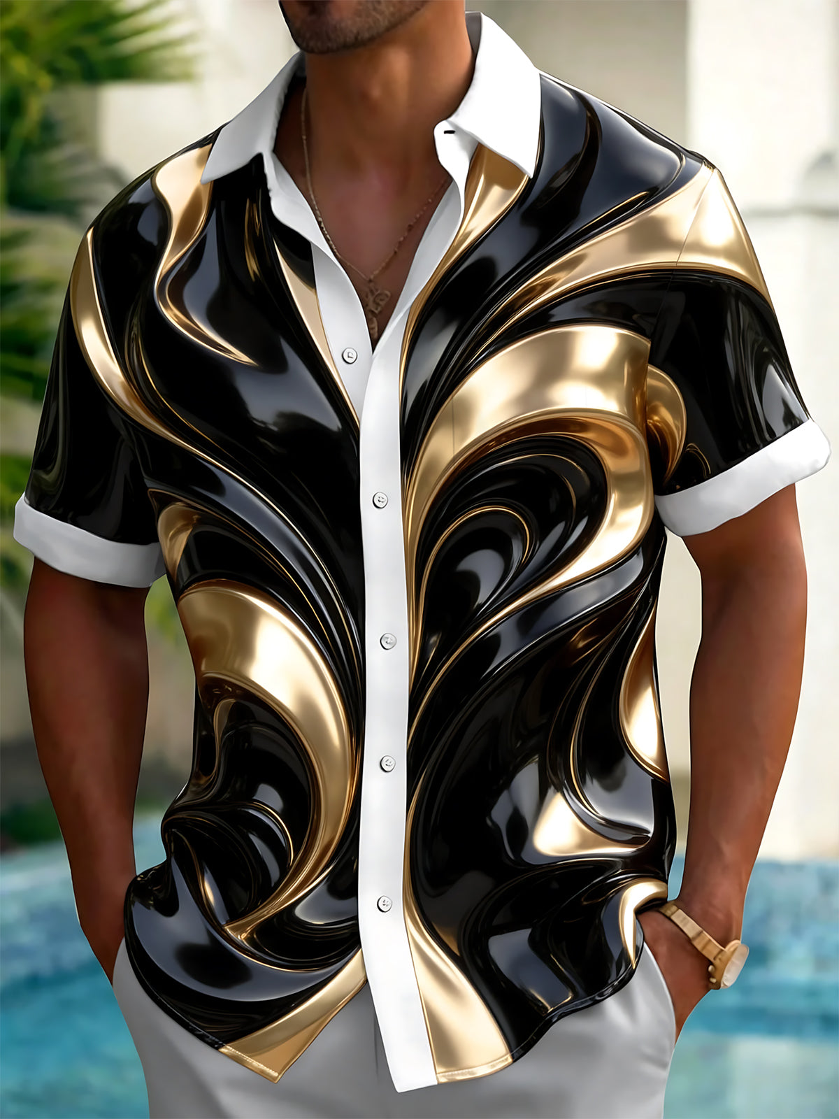 Adaychic Men's 3D Abstract 3D Swirling Metallic Waves Print Short Sleeve Shirt with Chest Pocket