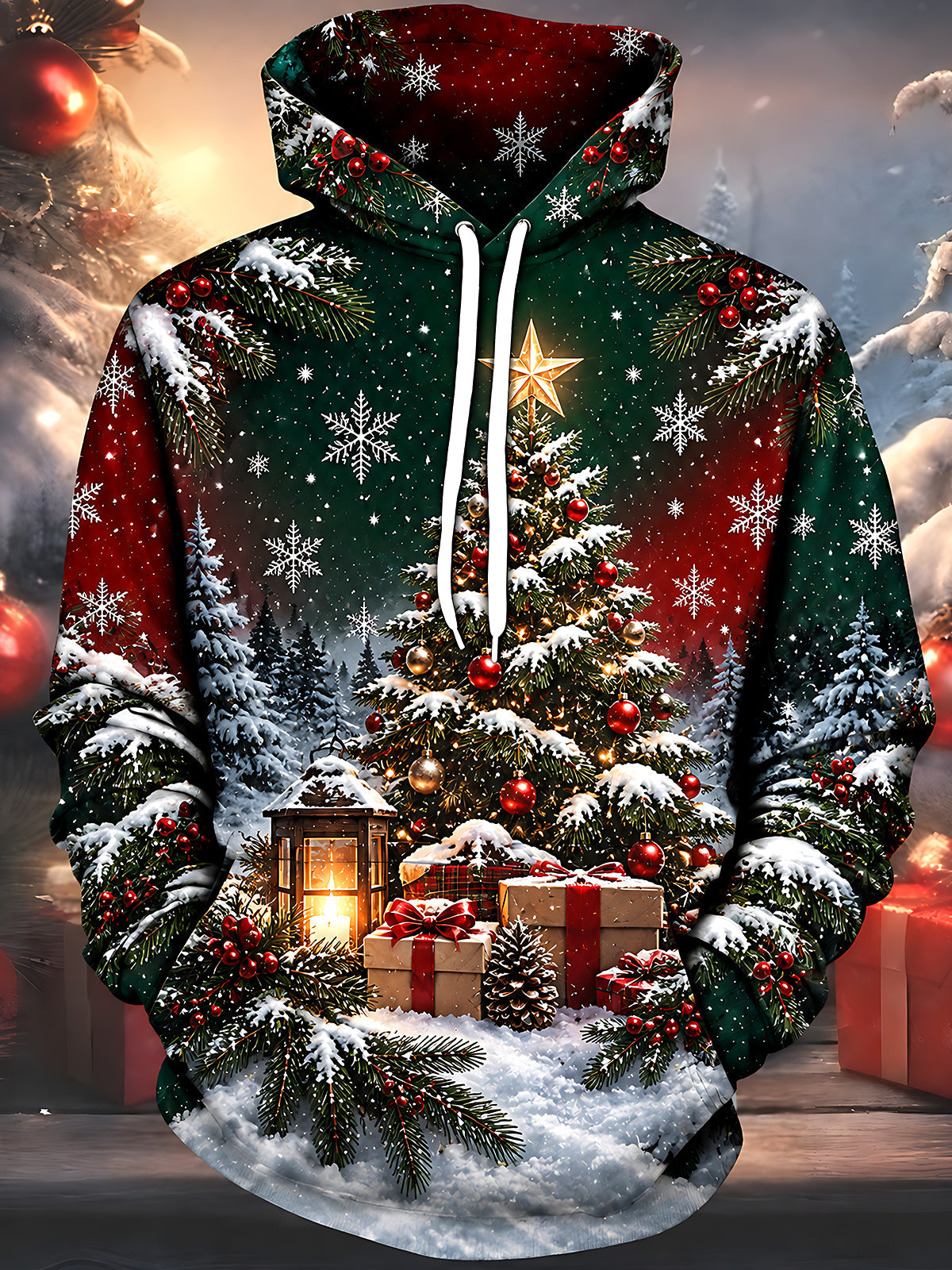 Adaychic Men's Christmas Tree With Ornaments And Star Print Long Sleeve Hoodie