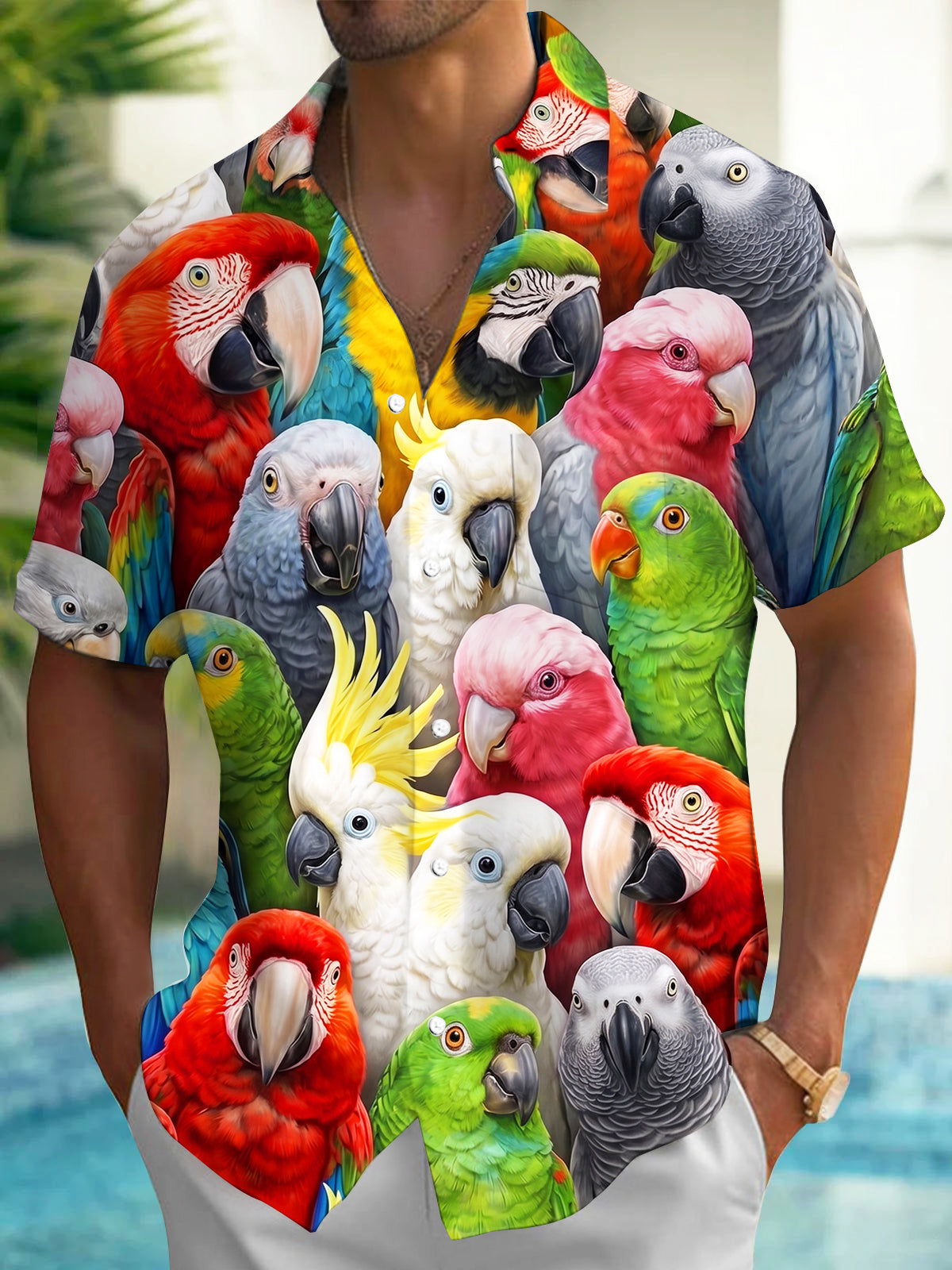 Adaychic Men's Hawaiian Colorful Parrots And Cockatoos Print Short Sleeve Shirt with Chest Pocket