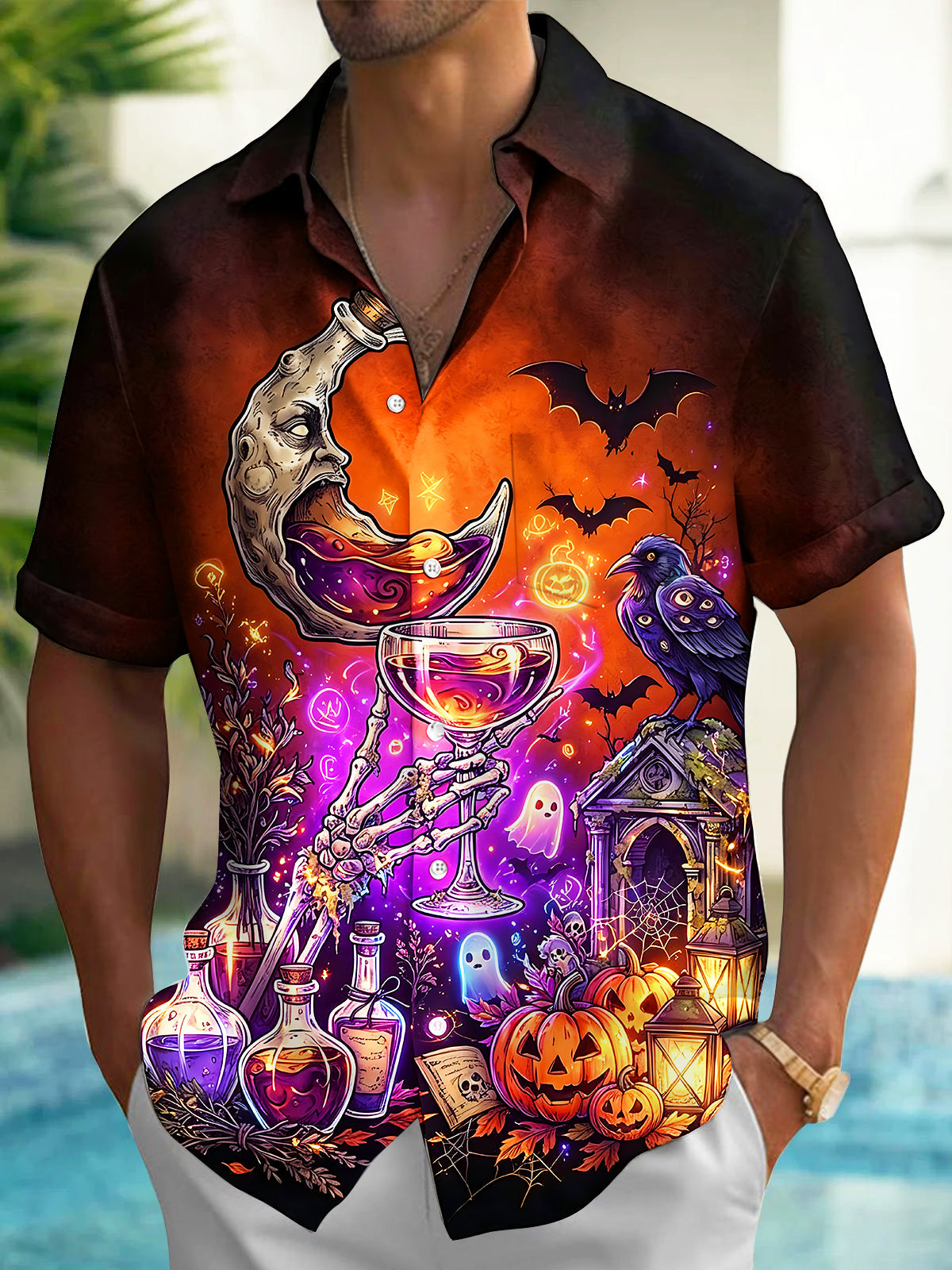 Adaychic Men's Short Sleeve Shirt - Halloween Moon Raven And Skeleton With Wine Glass Print with Chest Pocket