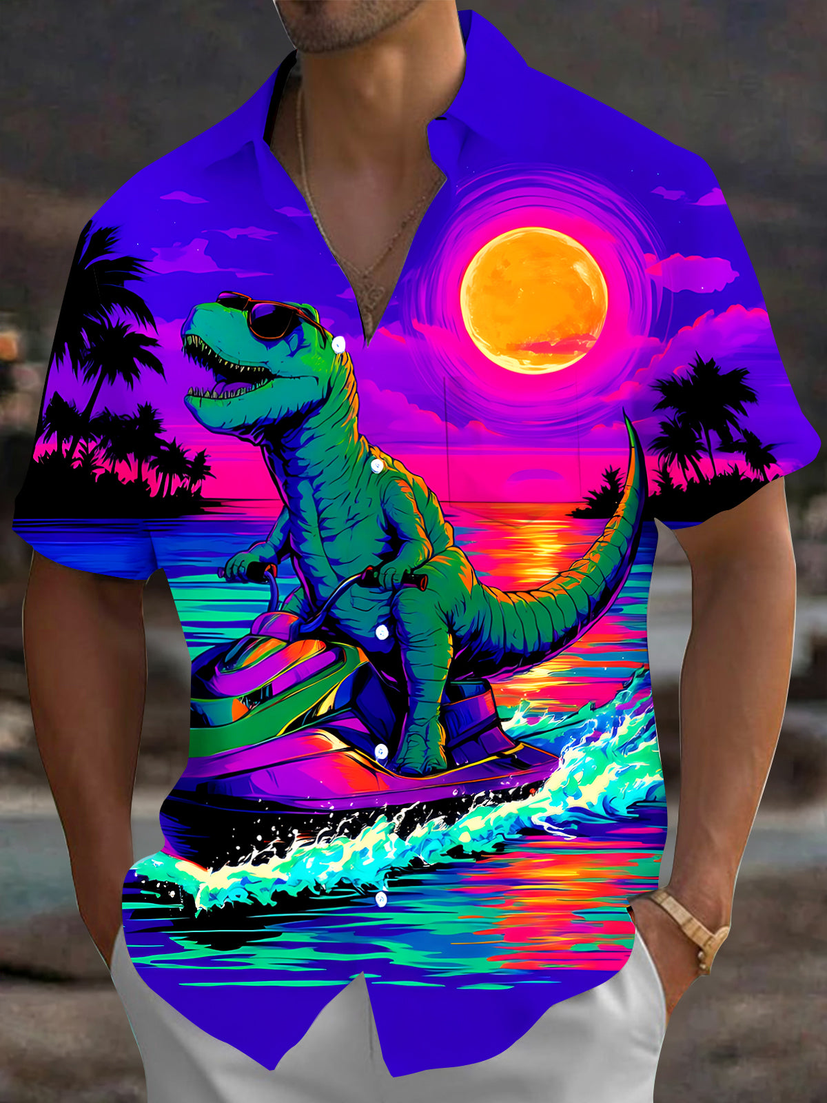 Adaychic Men's Hawaiian Dinosaur On Jet Ski Print Short Sleeve Shirt with Chest Pocket