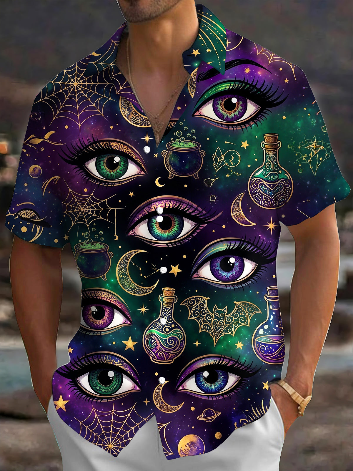 Adaychic Men's Short Sleeve Shirt - Halloween Mystical Elements Print Mystical Eyes And Starry Sky Print with Chest Pocket