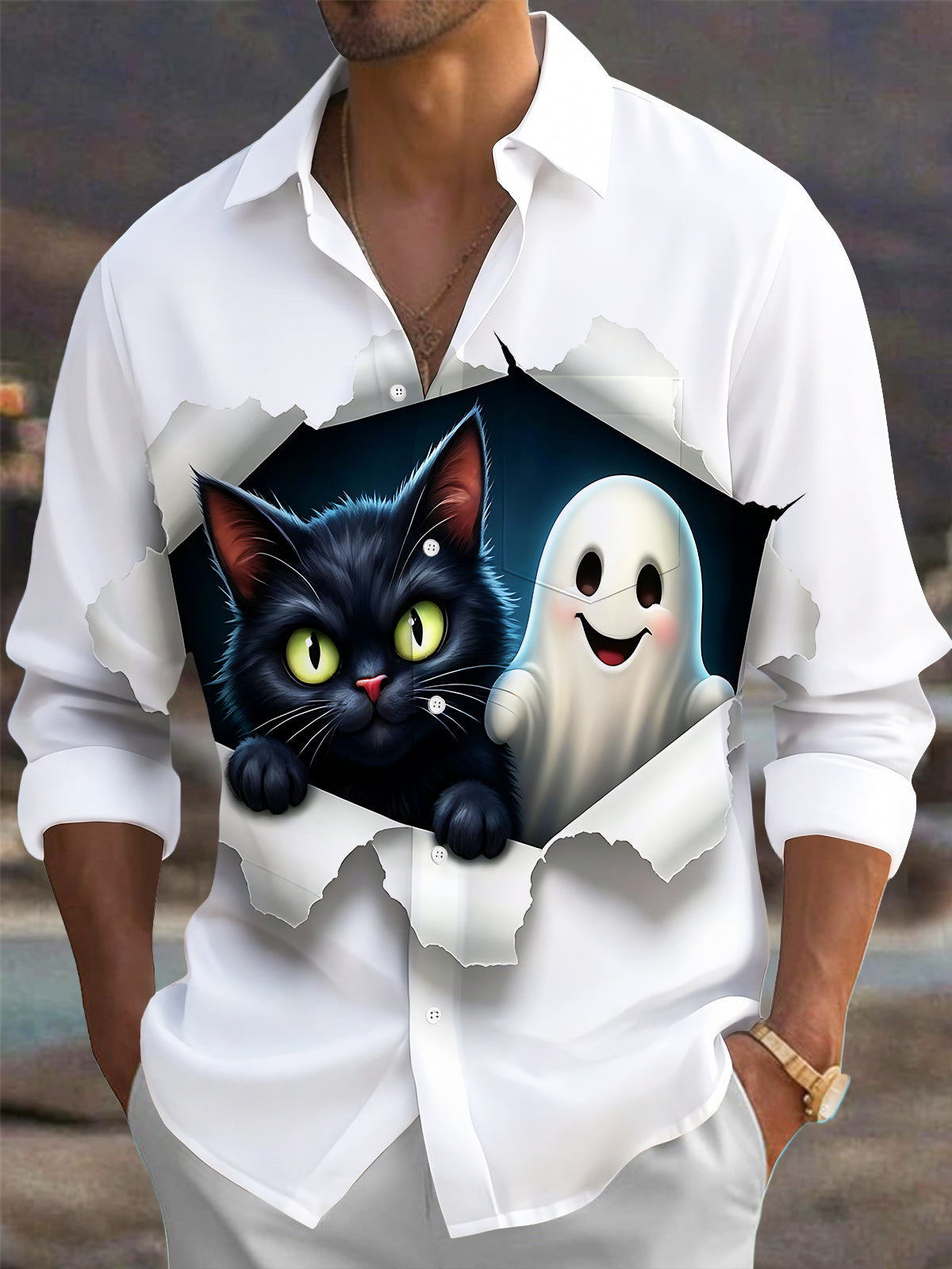 Adaychic Men's Graphic Halloween Black Cat And Ghost Print Long Sleeve Shirt with Chest Pocket
