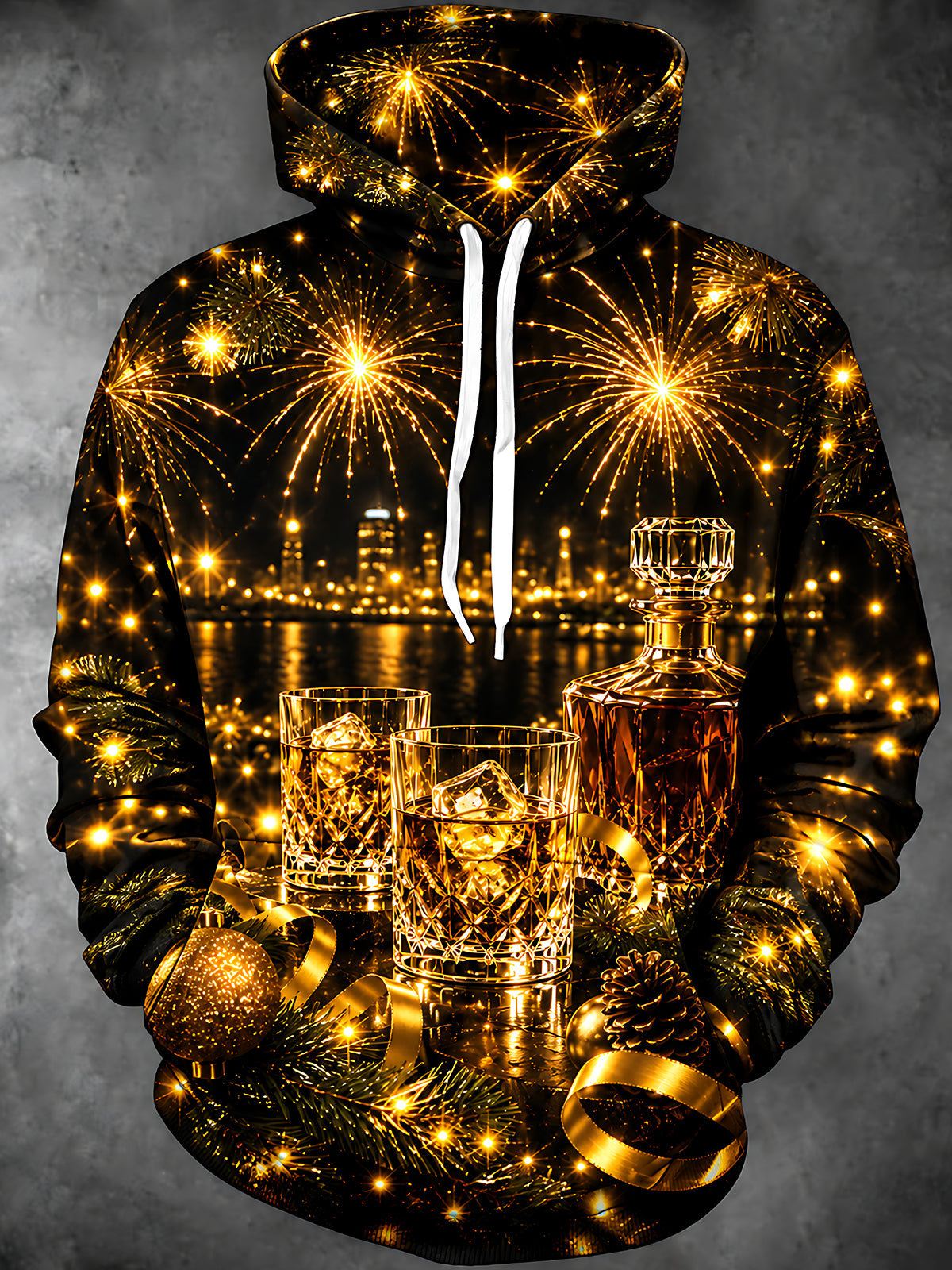 Adaychic Men's Long Sleeve Hoodie - Christmas Ornaments And Pine Cones Print New Year New Year Fireworks And City Skyline Print