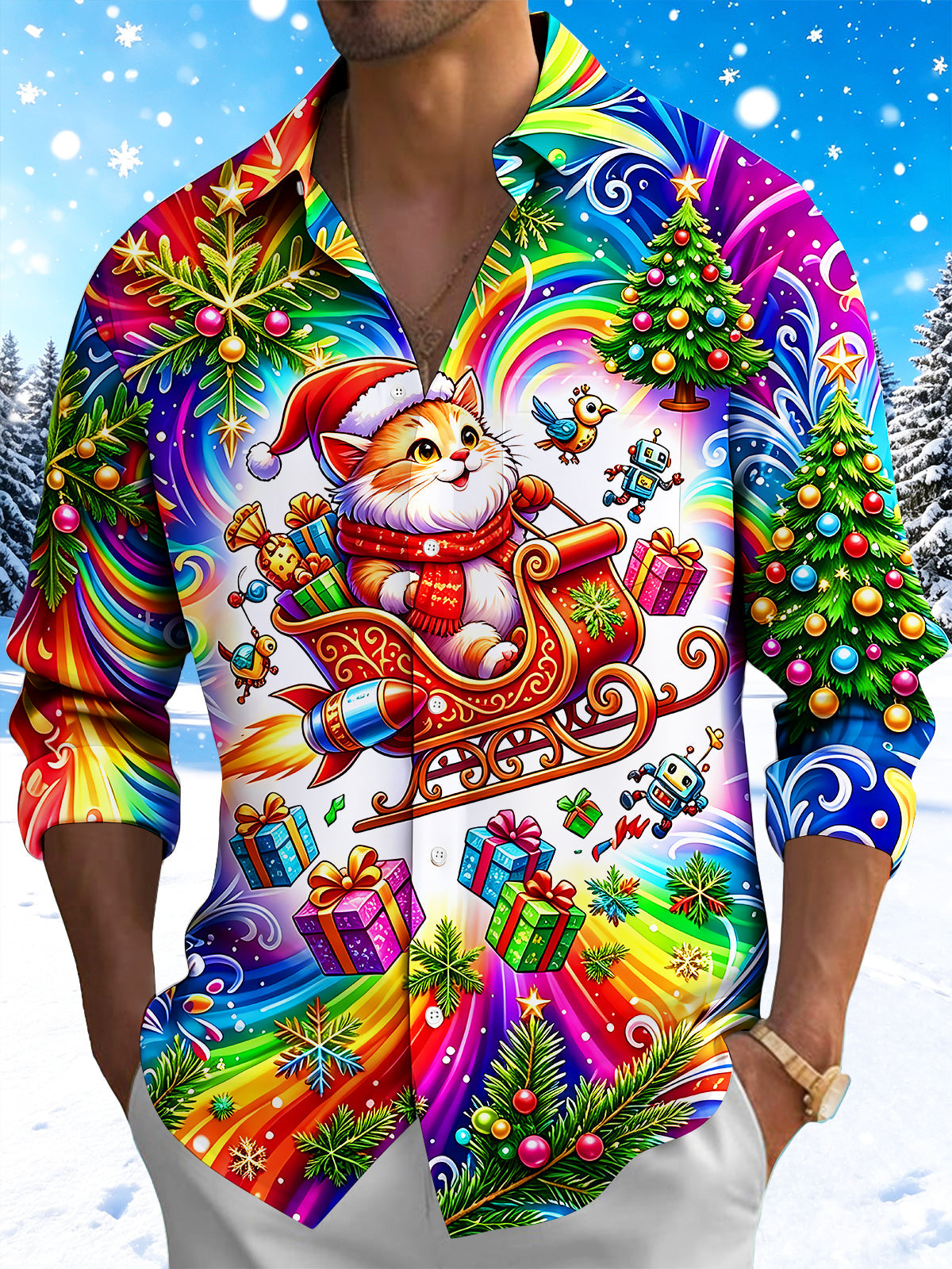 Adaychic Men's Graphic Christmas Cat In Rocket Sleigh Print Long Sleeve Shirt with Chest Pocket