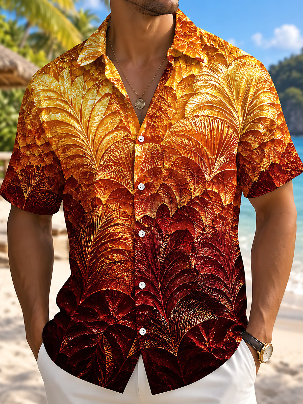 Adaychic Men's Hawaiian Autumn Leaf Pattern Short Sleeve Shirt with Chest Pocket