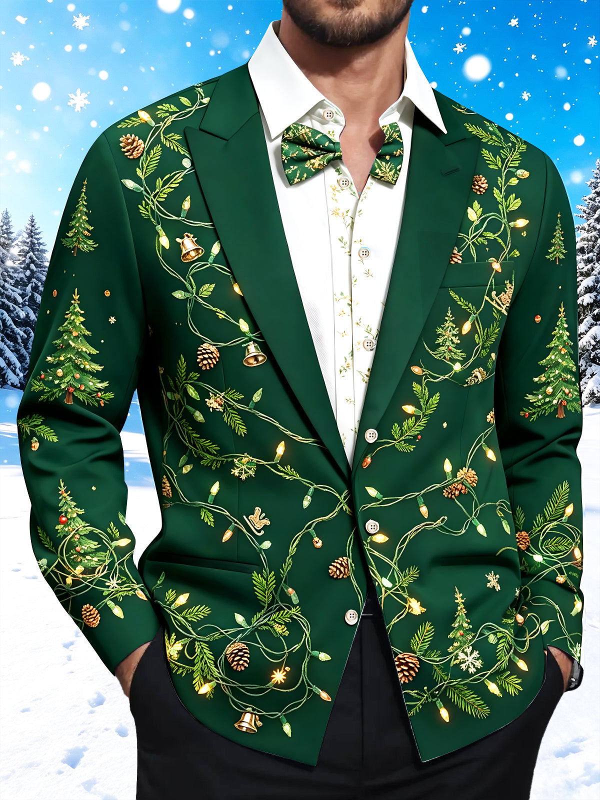 Adaychic Men's Christmas Light Strings And Pine Cones Print Long Sleeve Shirt with Chest Pocket
