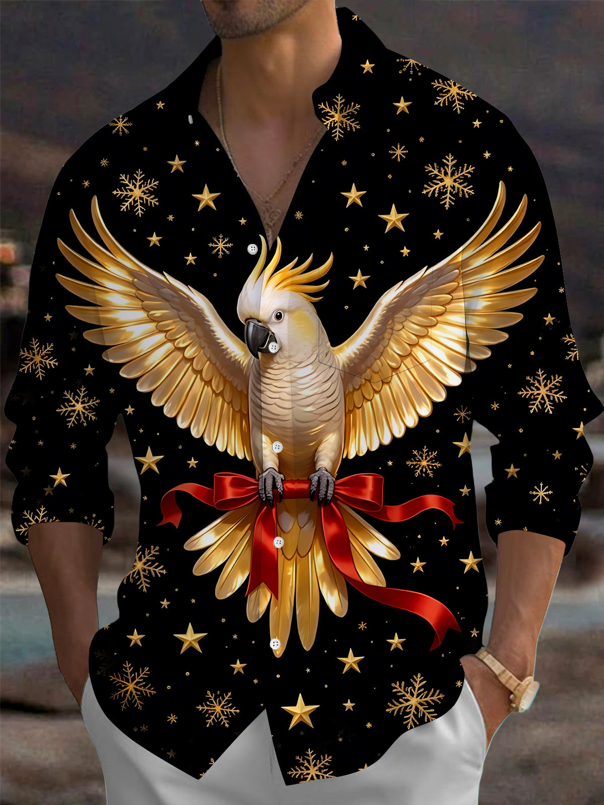 Adaychic Men's Christmas Golden Parrot With Red Ribbon Print Long Sleeve Shirt with Chest Pocket