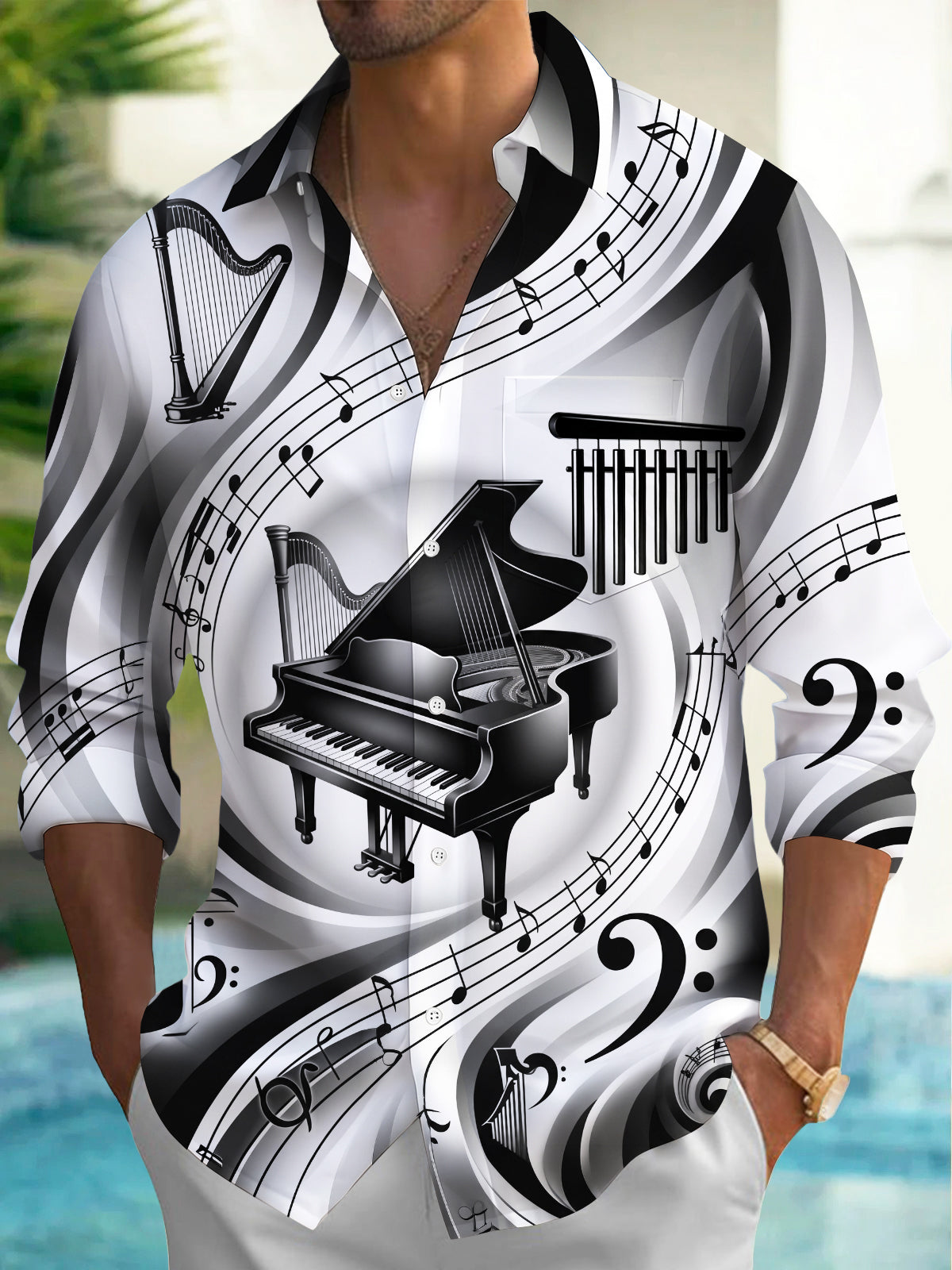 Adaychic Men's Graphic Piano Harp Music Note Pattern Long Sleeve Shirt with Chest Pocket