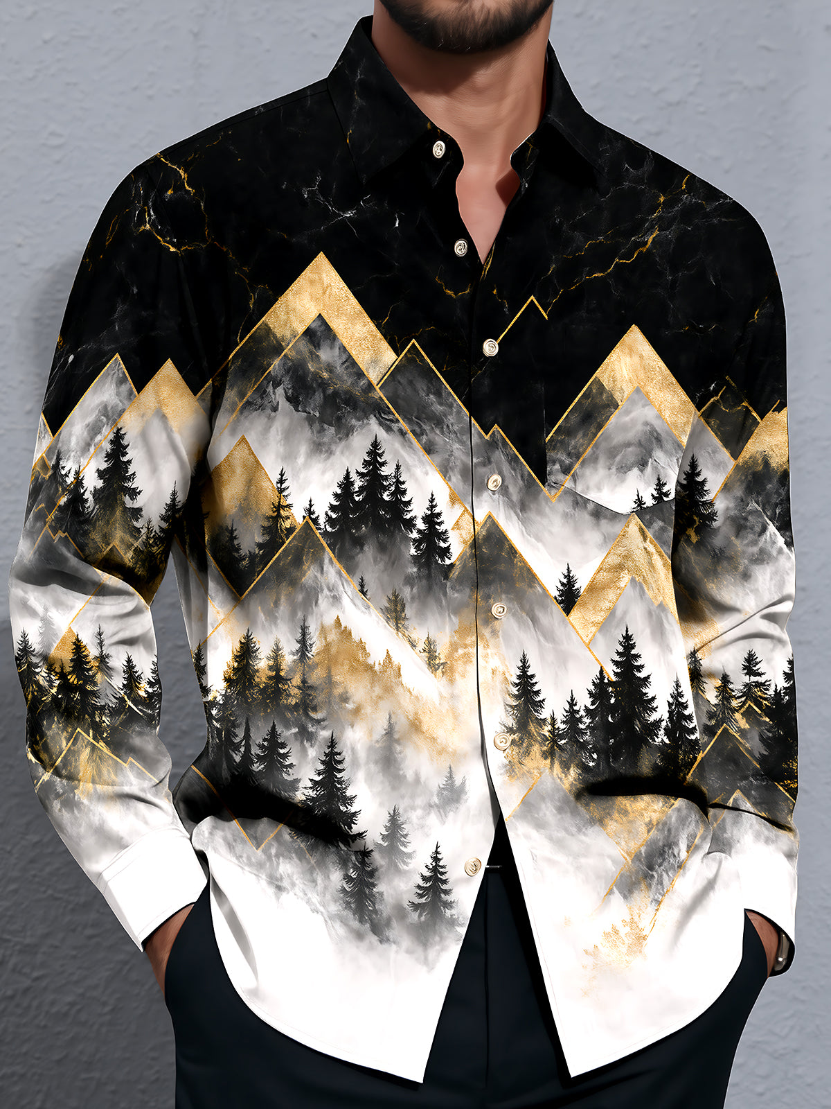 Adaychic Men's Geometric Mountains And Forest Trees Print Long Sleeve Shirt with Chest Pocket
