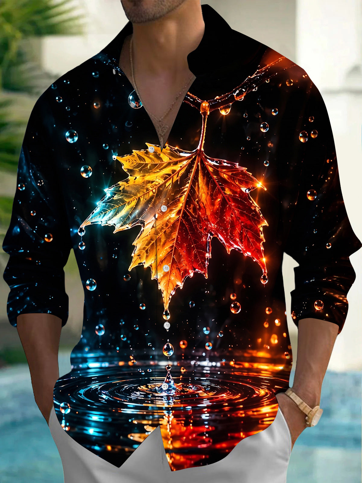 Adaychic Men's Printed Maple Leaf And Water Droplets Print Long Sleeve Shirt with Chest Pocket