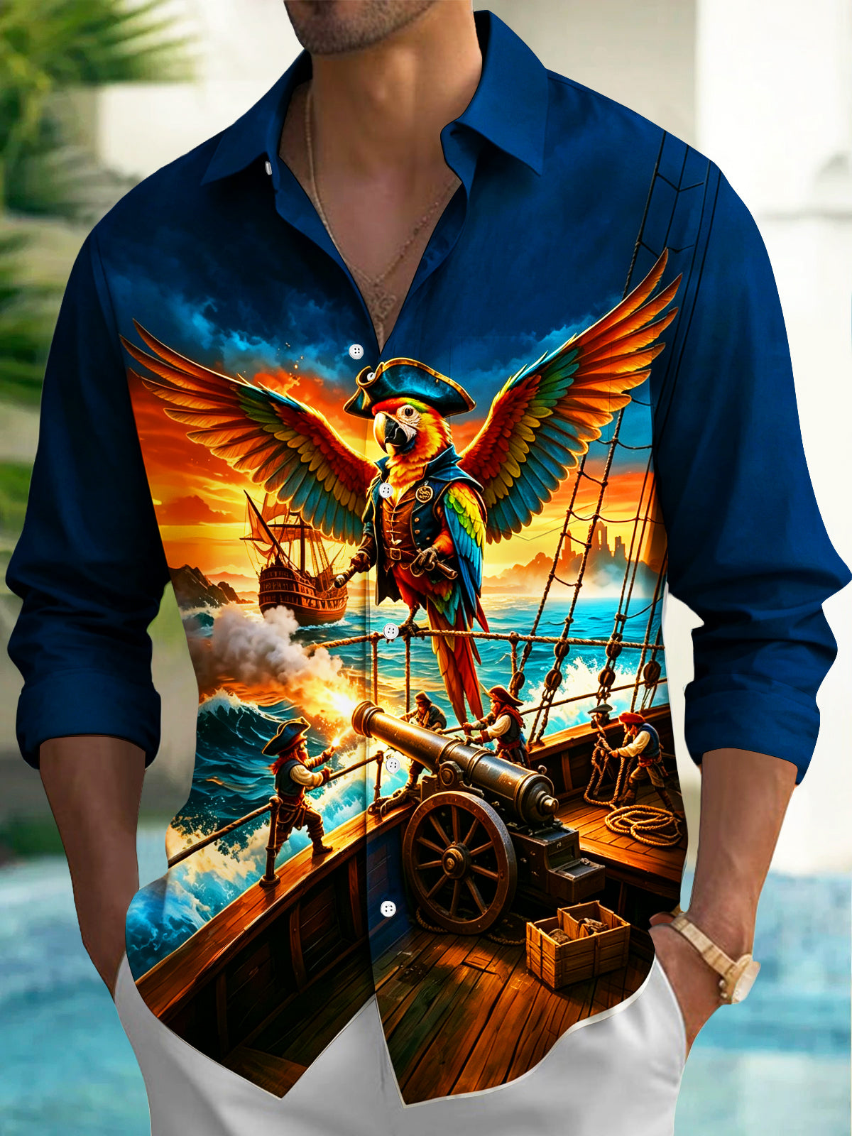 Adaychic Men's Graphic Pirate Parrot On Ship Deck Print Long Sleeve Shirt with Chest Pocket