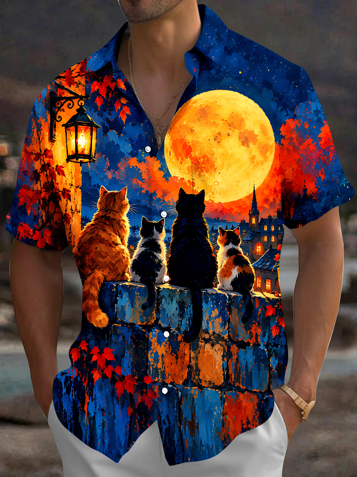 Adaychic Men's Short Sleeve Shirt - Cats On Wall With Moon And Autumn Leaves Print with Chest Pocket