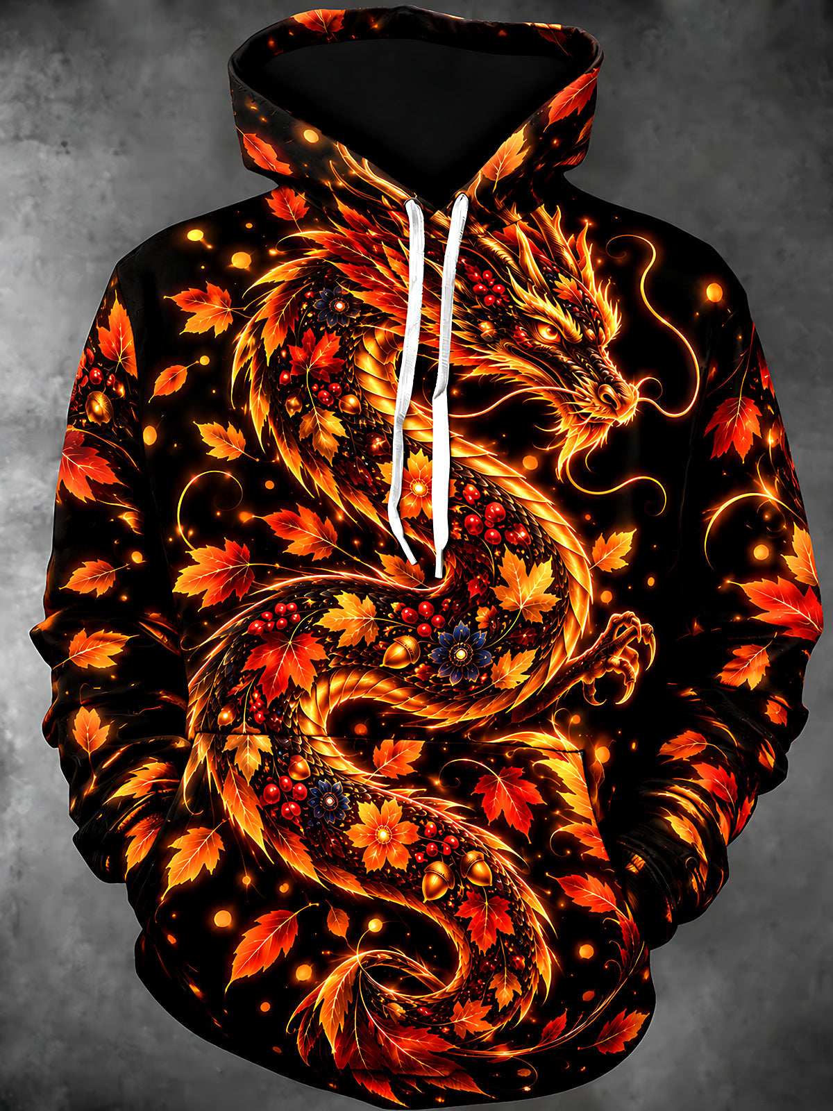 Adaychic Men's Long Sleeve Hoodie - Autumn Dragon With Maple Leaves And Berries Print