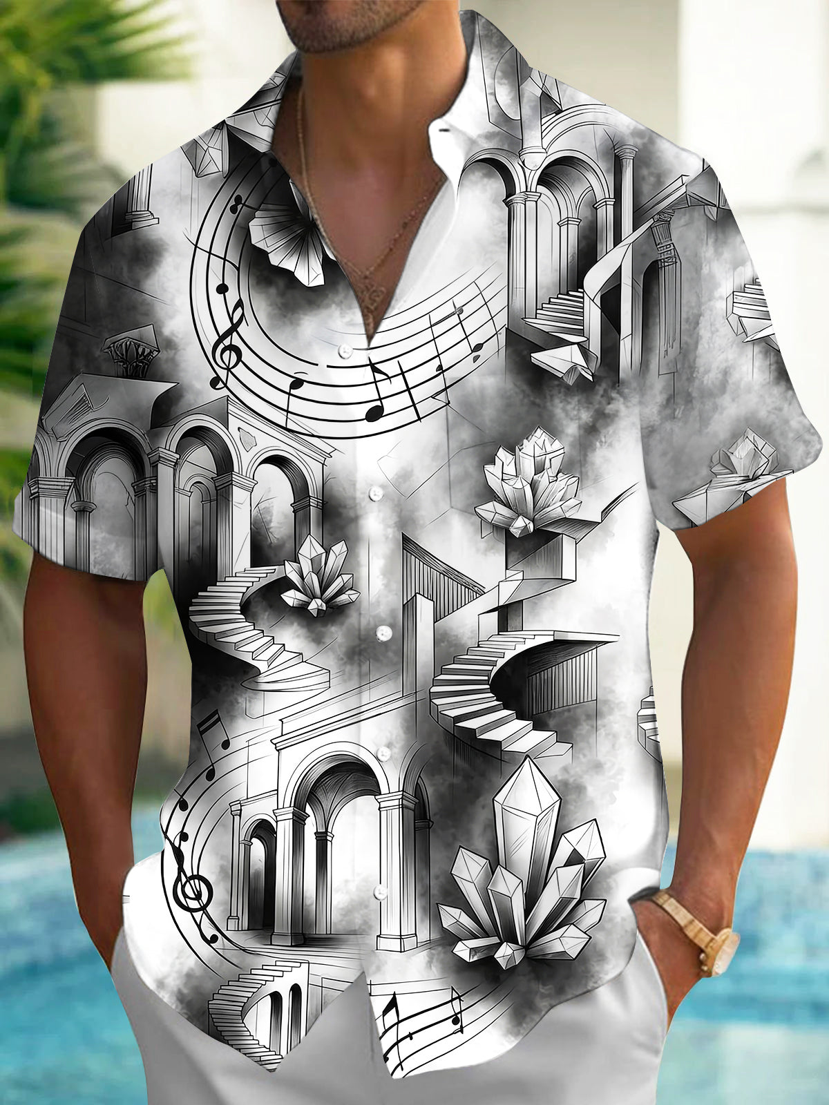 Adaychic Men's Short Sleeve Shirt - Fantasy Architecture With Crystals And Music Notes Print with Chest Pocket
