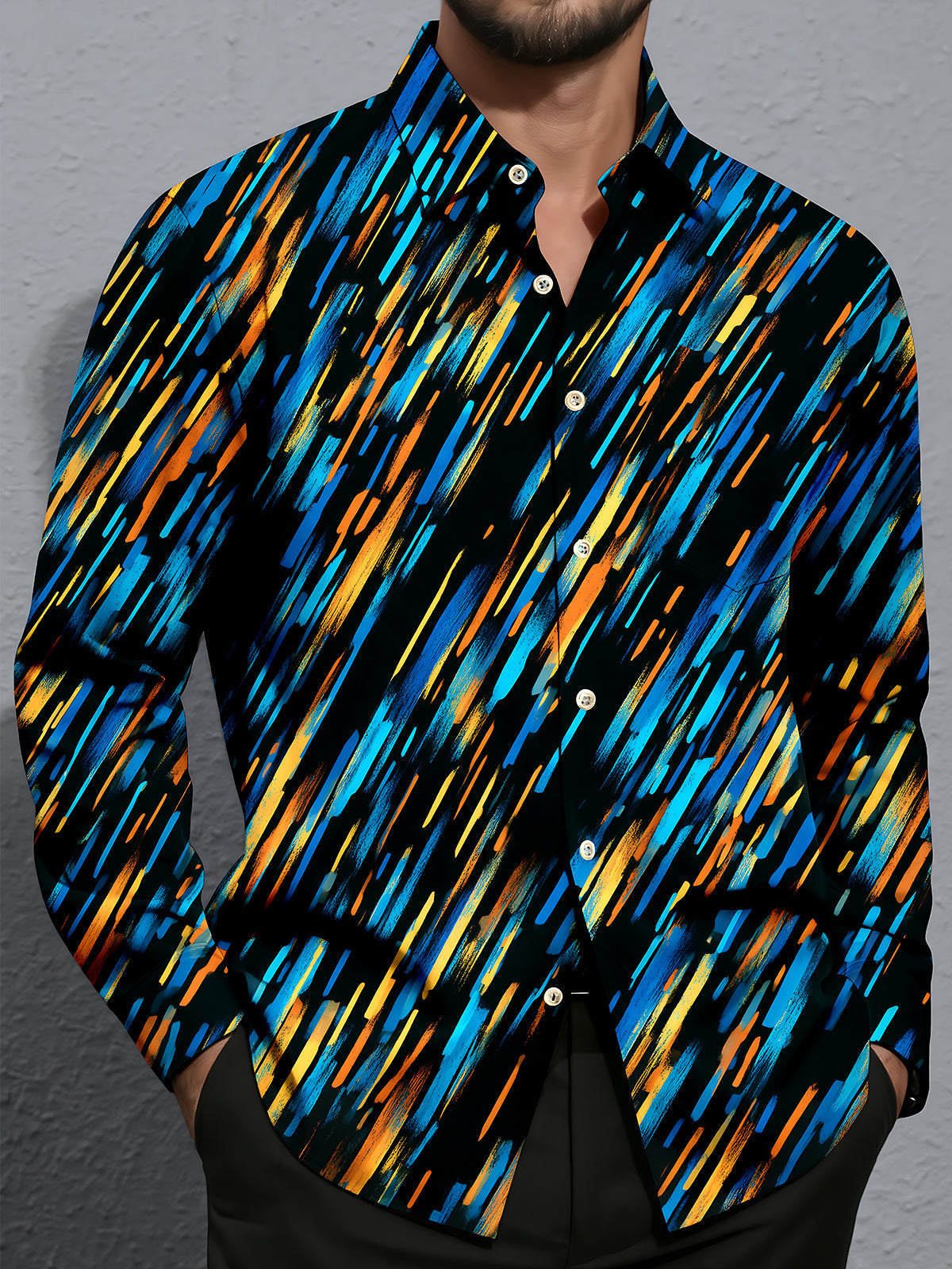 Adaychic Men's Abstract Geometric Brushstrokes Print Long Sleeve Shirt with Chest Pocket