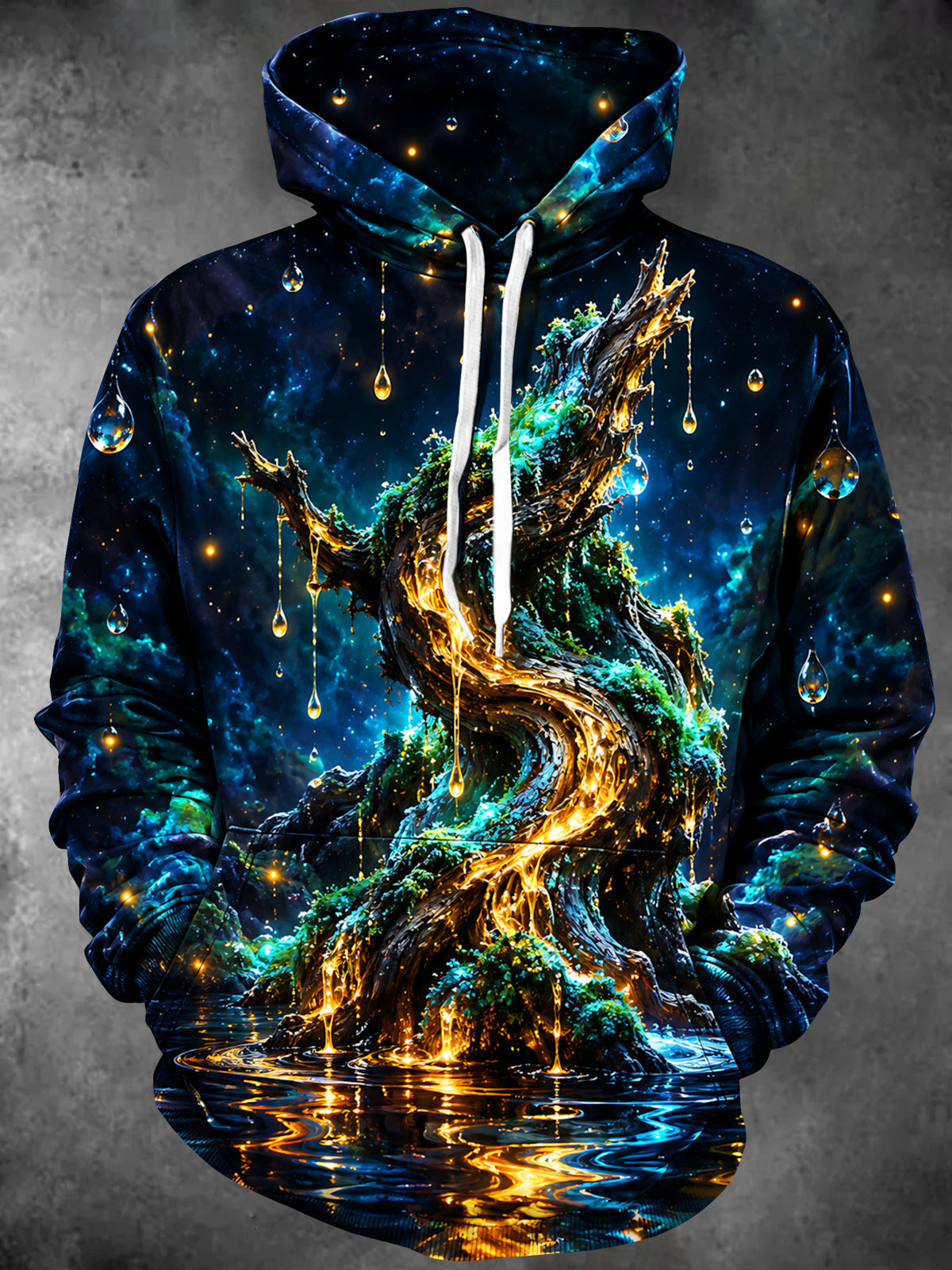 Adaychic Men's Long Sleeve Hoodie - Glowing Tree With Water Droplets And Galaxy Background Print